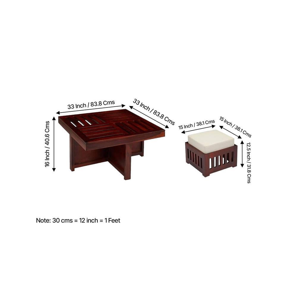 Palladio Sheesham Wood Accent Coffee Table Set With 4 Stools In Honey Finish