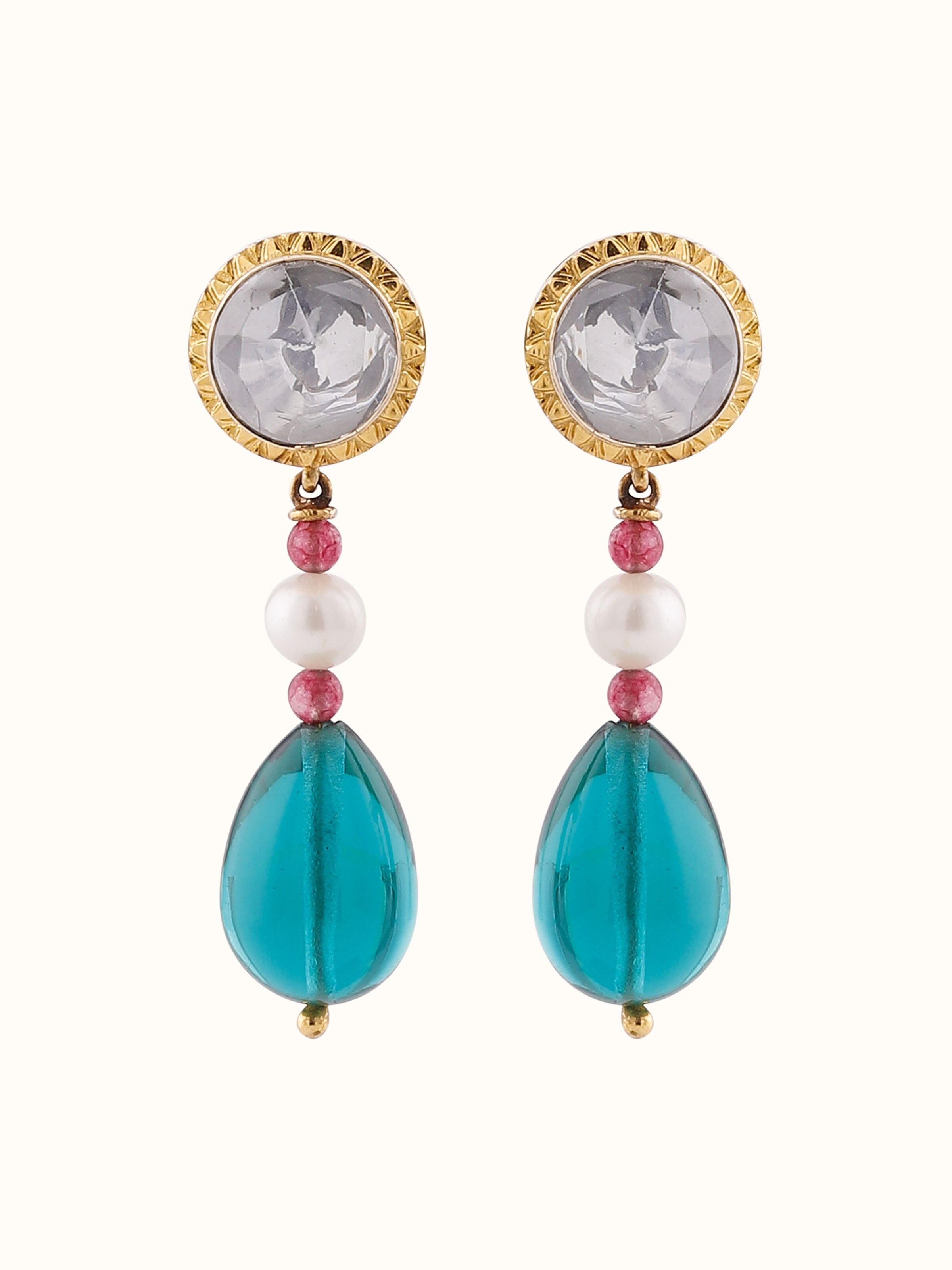 Front view of alternate Dank Polki gold drop earrings featuring floral stonework in yellow gold.