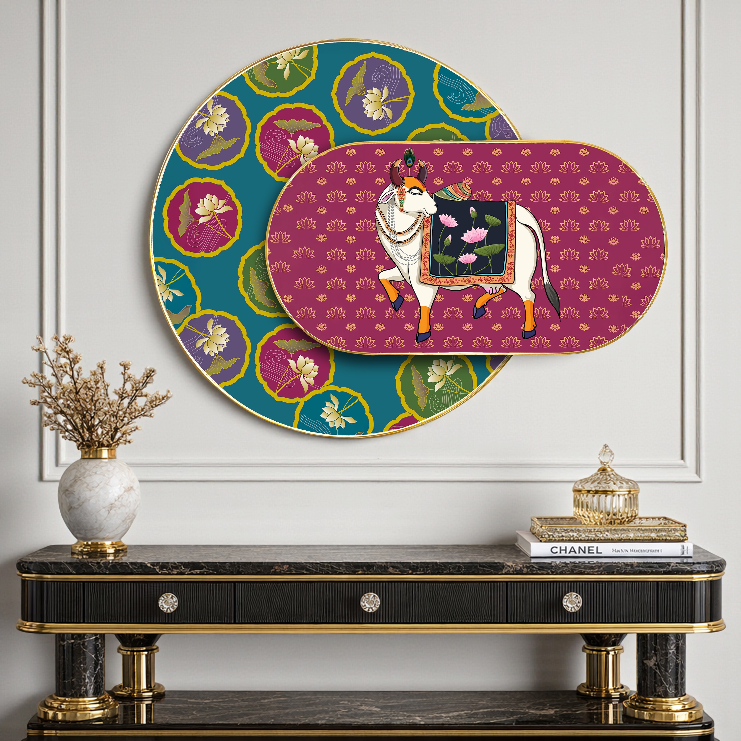 Pichwai Kamdhenu Lotus Framed Wall Painting for Living Room 56 x 82 cm - Art Street