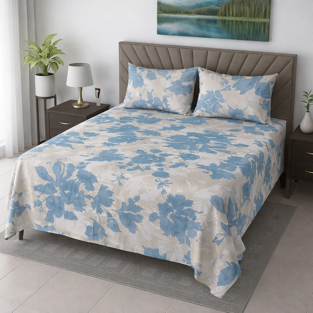 Axel Blue Abstract 350 TC Cotton Flat Queen Size Bedsheet with 2 Pillow Covers – Threads