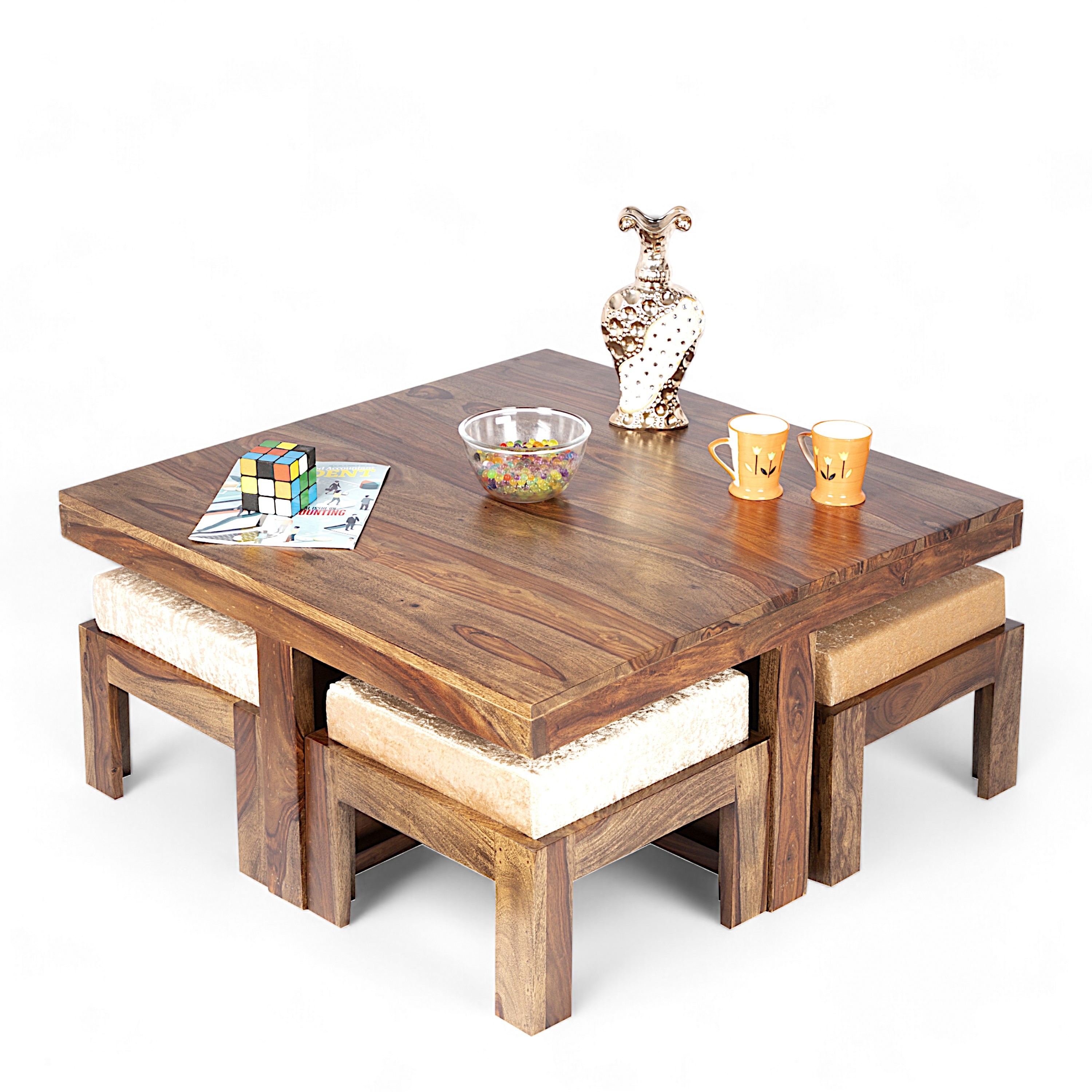 Blane Sheesham Wood 4 Seater Coffee Table Set In Teak Finish