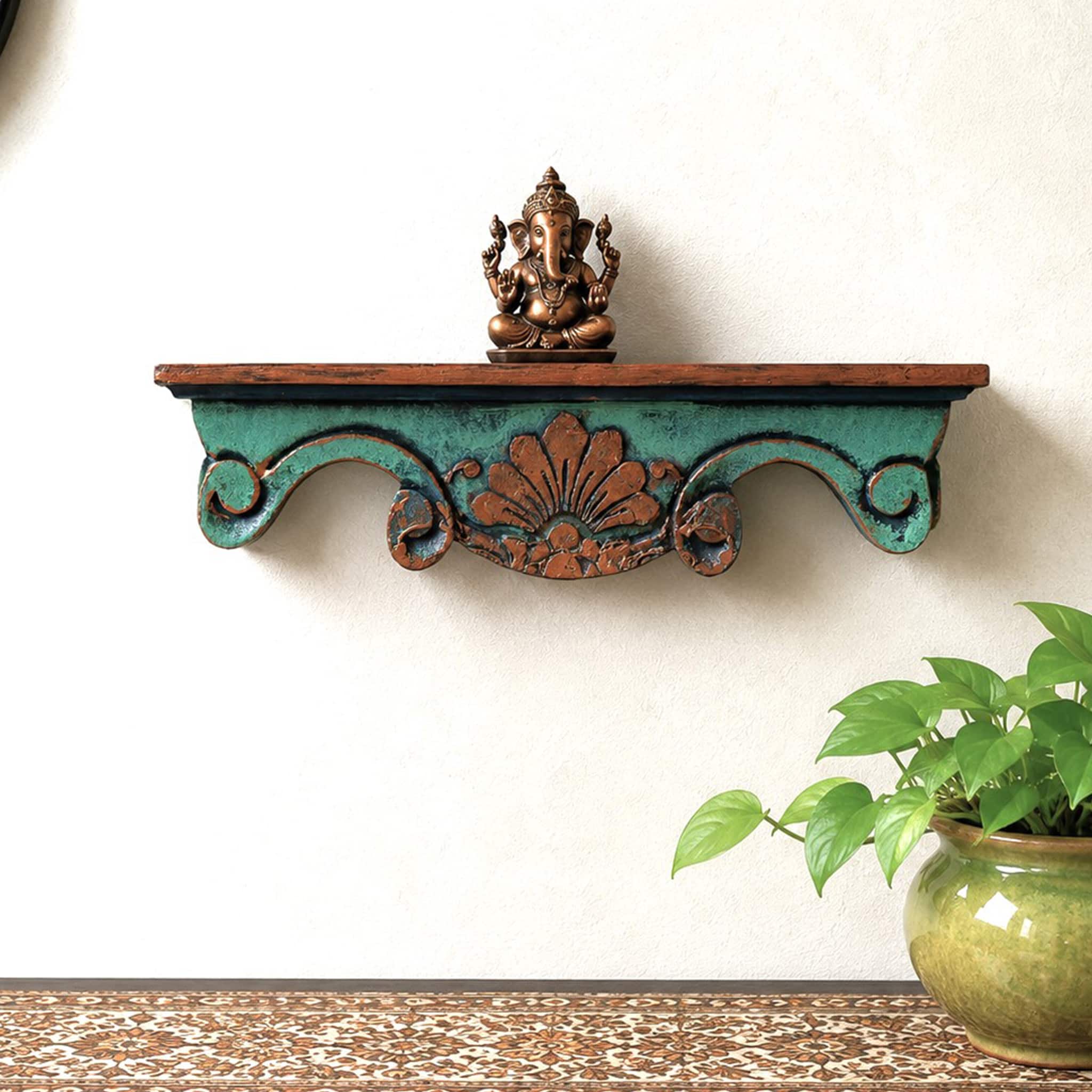 Multishade Colour Solid Wood Handcarved Tamra Floating Wall Shelf with 3D work by DisooFashions - Disoo Fashions
