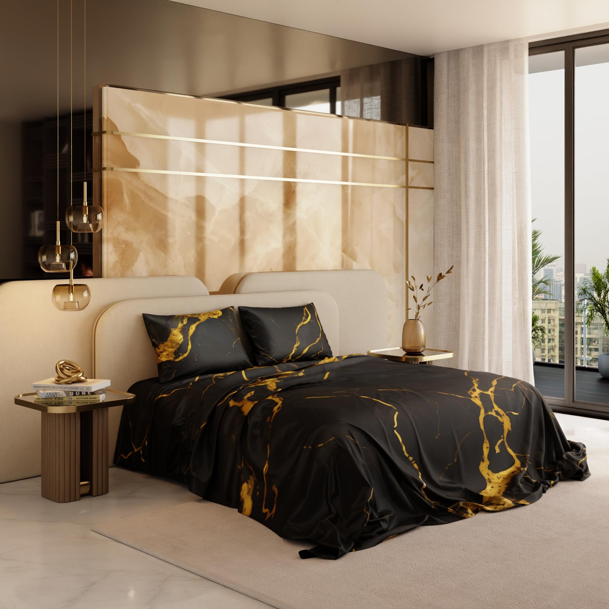 Stoa Paris 300TC UltrSatin Super King Bedsheet with 2 Pillow Covers Satin Super Dark Gold