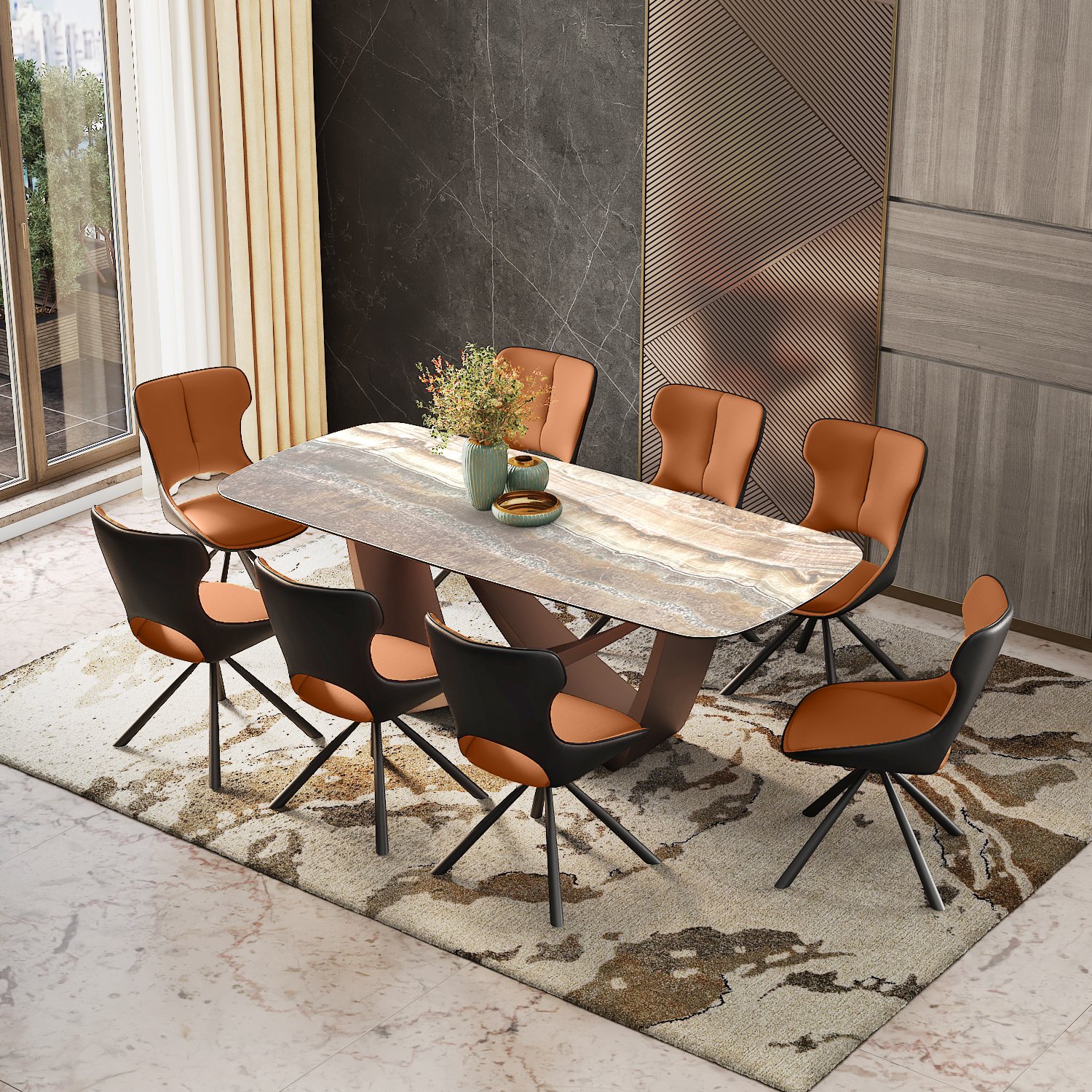 Paloma 8 seater Jupiter Spanish Ceramic Dining Table With 8 Tulip Dining Chairs