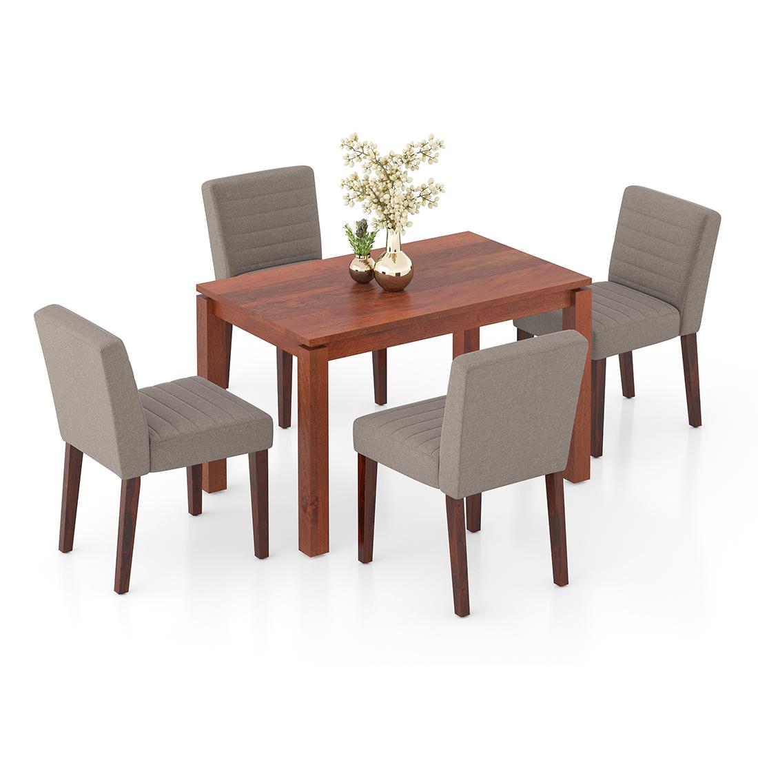 Atlas Solid Wood 4 Seater Dining Table In Honey Finish with set of 4 Ludo upholstered dining chair in Shitake Beige fabric