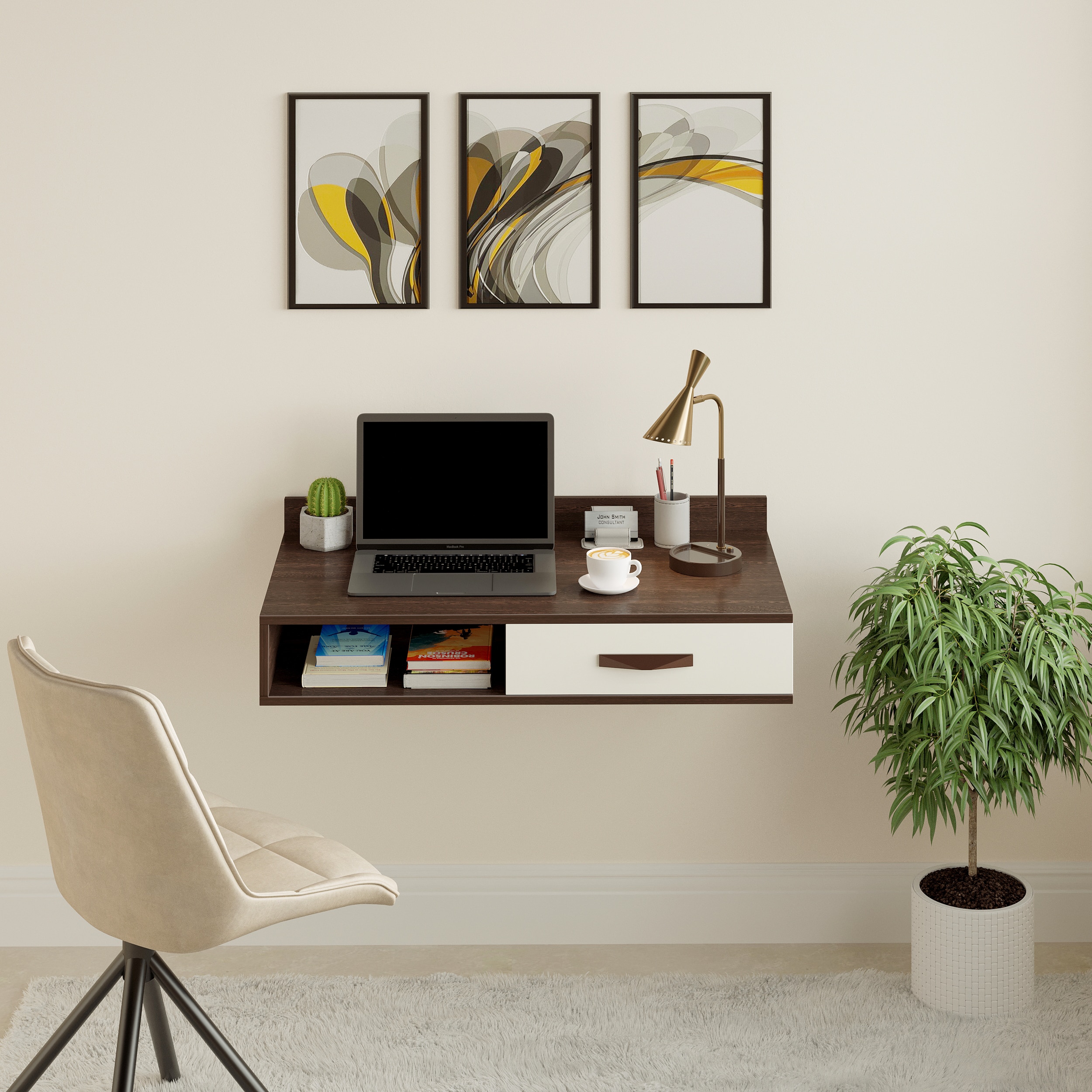 BLUEWUD Reynold Engineered Wall Mount Wood Study and Computer Laptop Table for Home or Office, WFH Desk, with Drawer Shelves Storage for Books and D�cor Display (Wenge & White)