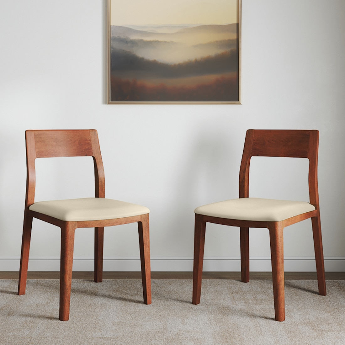 Clarke Solid Wood Dining Chair in Honey Finish & Ivory Colour - Set of 2 - Urban Ladder