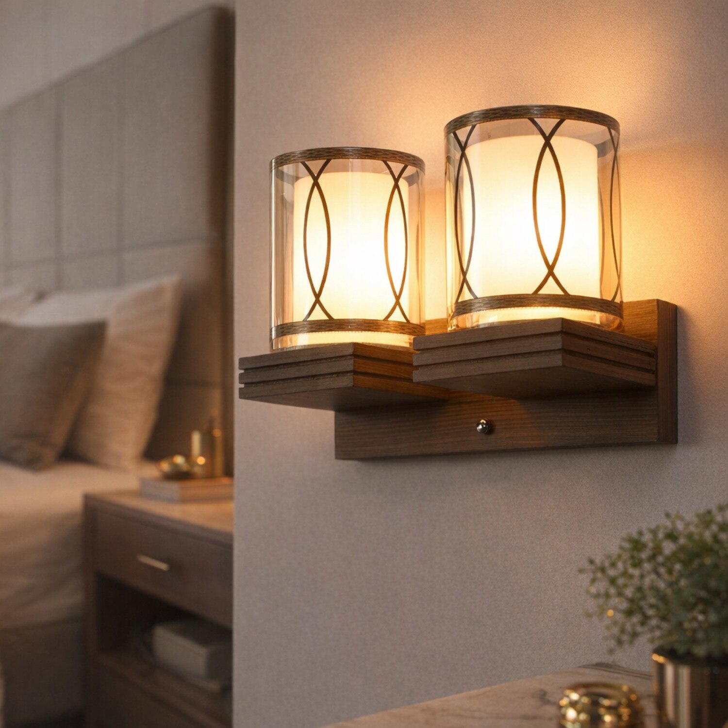 Eliante Wooden Wall Lights Wood & Glass Material Dark Brown & Champaign Finish