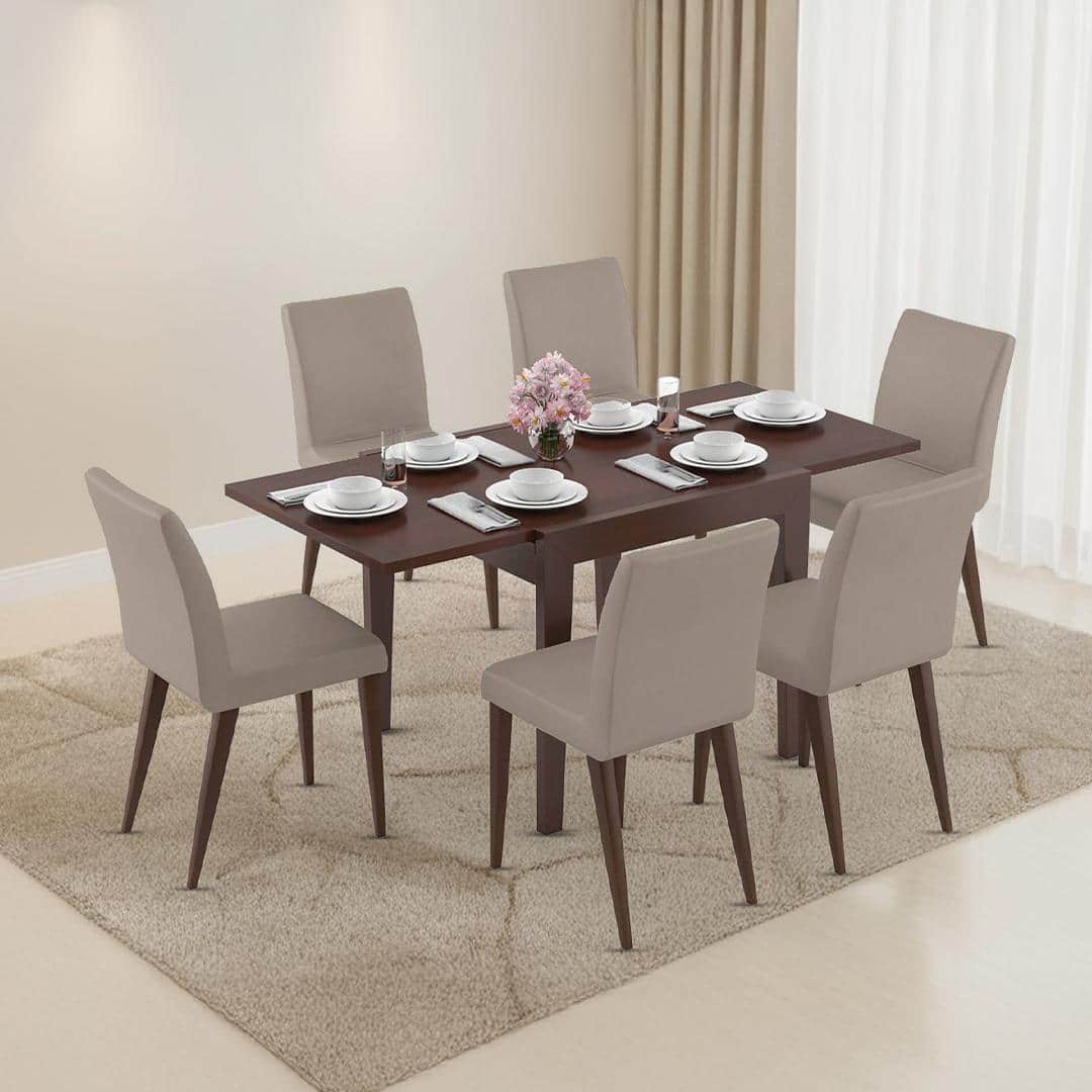 Murphy 4-To-6 Extendable - Persica 6 Seater Dining Table Set (Colour- Beige, Finish- Dark Walnut)