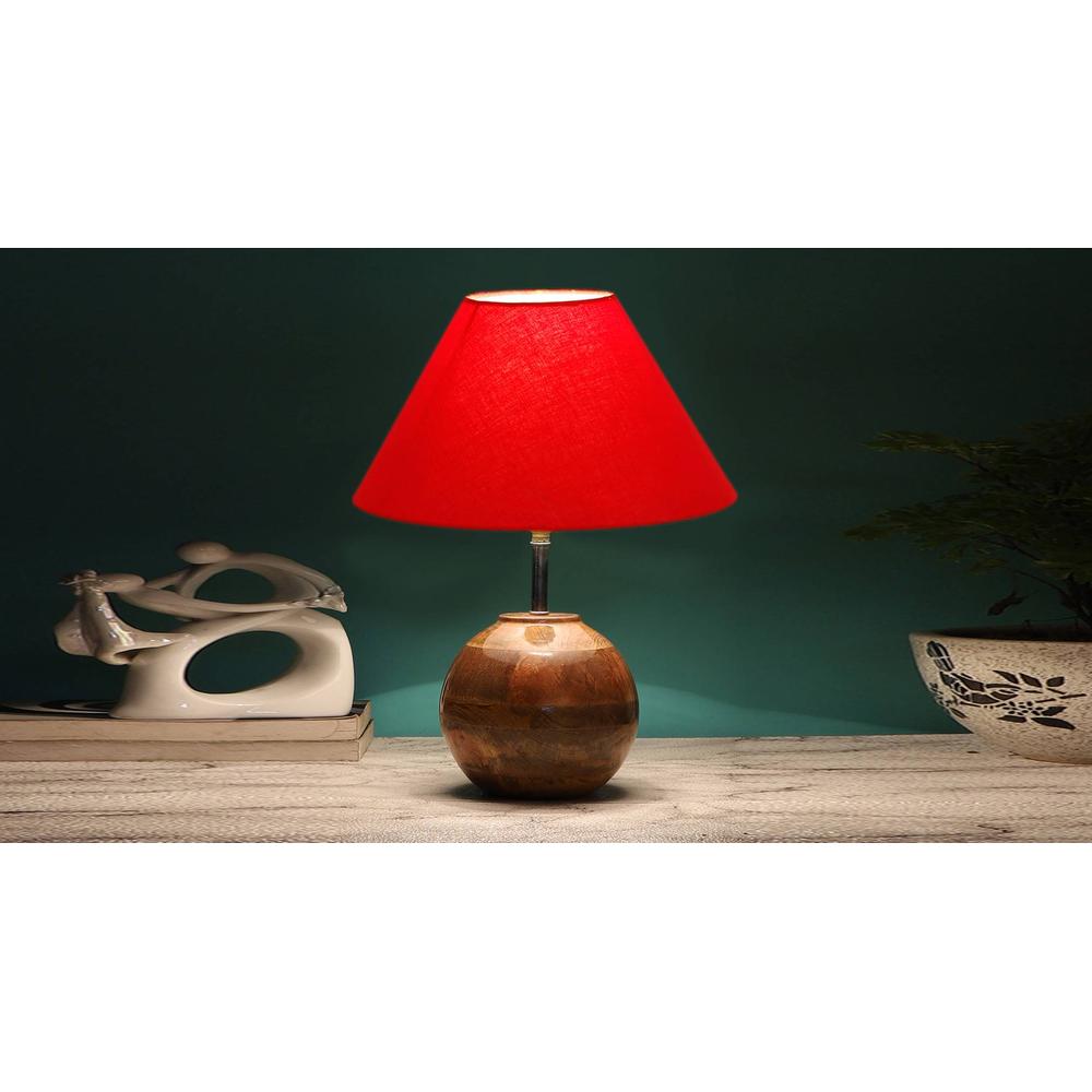 Red cotton with Natural Wood Table Lamp