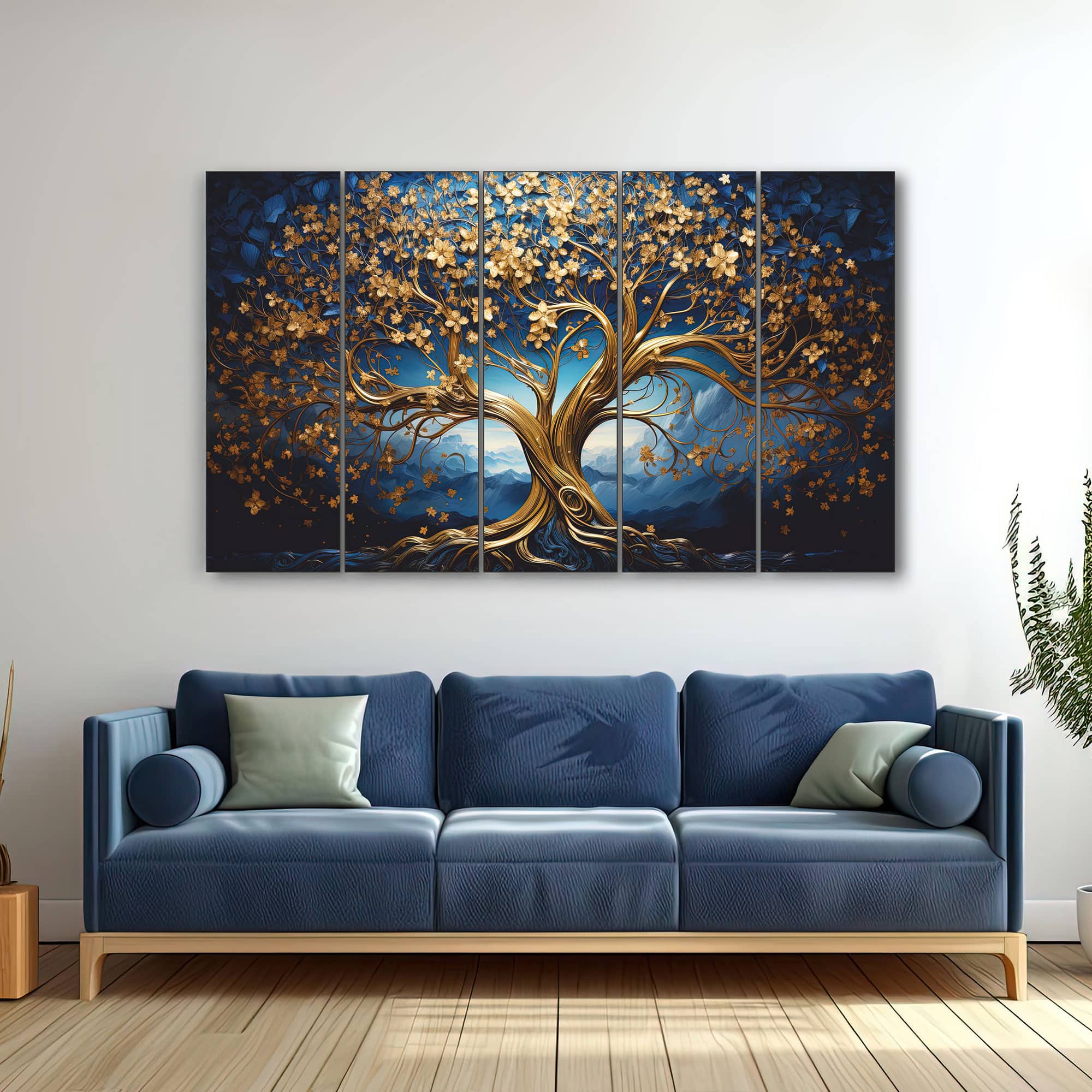 The Castle Decor Golden Trees Wall Art Set of 5 Wooden Framed Digital Painting 27x48 Inch - The Castle Decor