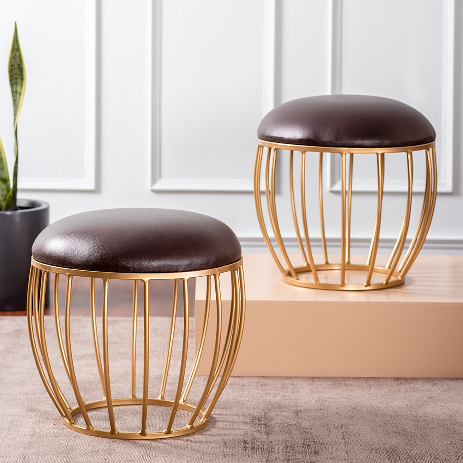 Axel Leatherette Cage Metallic Stool in Brown Color Set of 2 - Nestroots