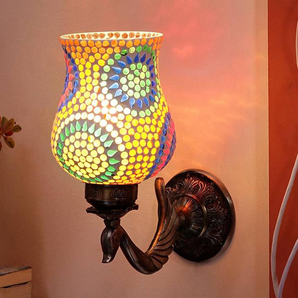 Banjo Antique Metal Peacock Wall Lamp with Multicolor Mosaic Glass