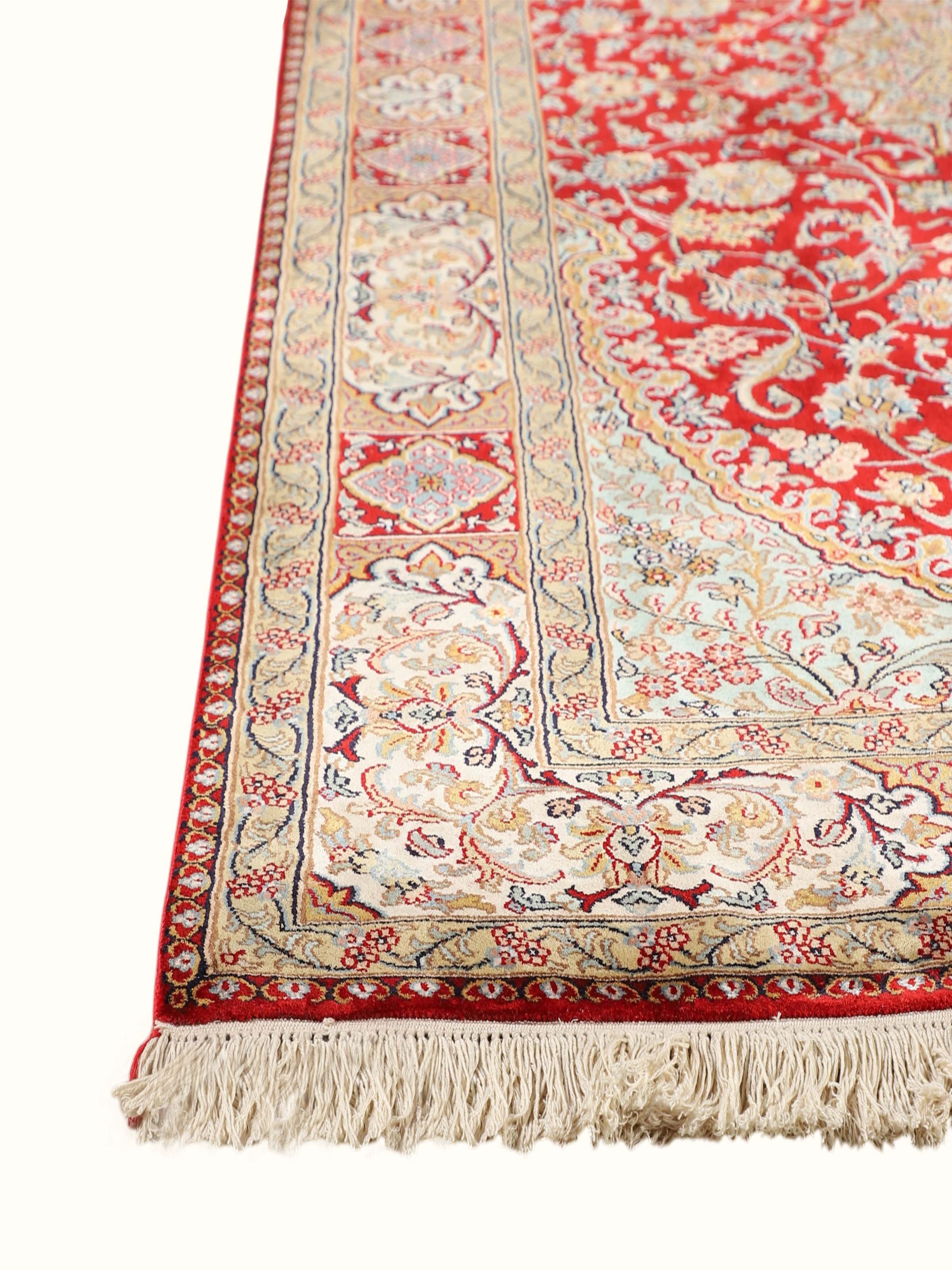 Traditional Persian Red Ivory Kerman Kashmir Silk Hand-Knotted Carpet
