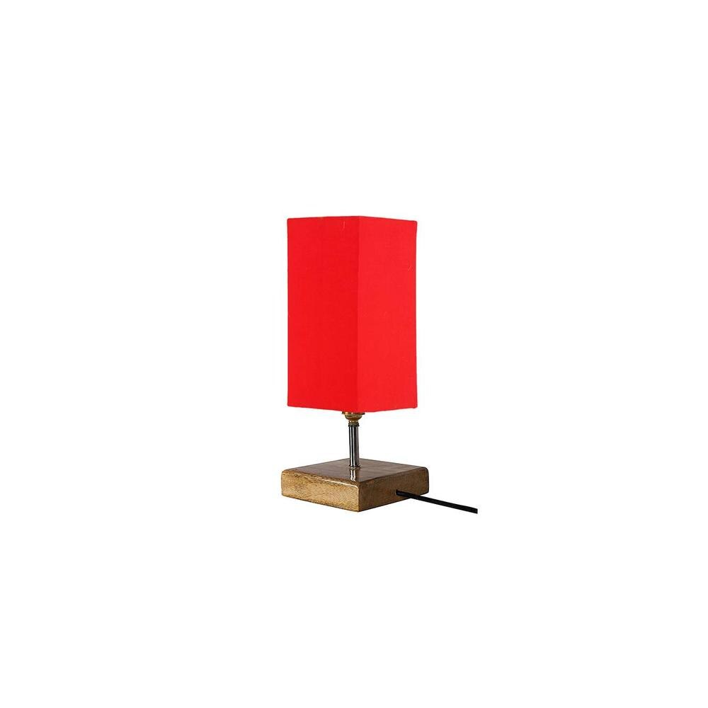 Esme Red cotton table lamp with Square Natural Wood Base