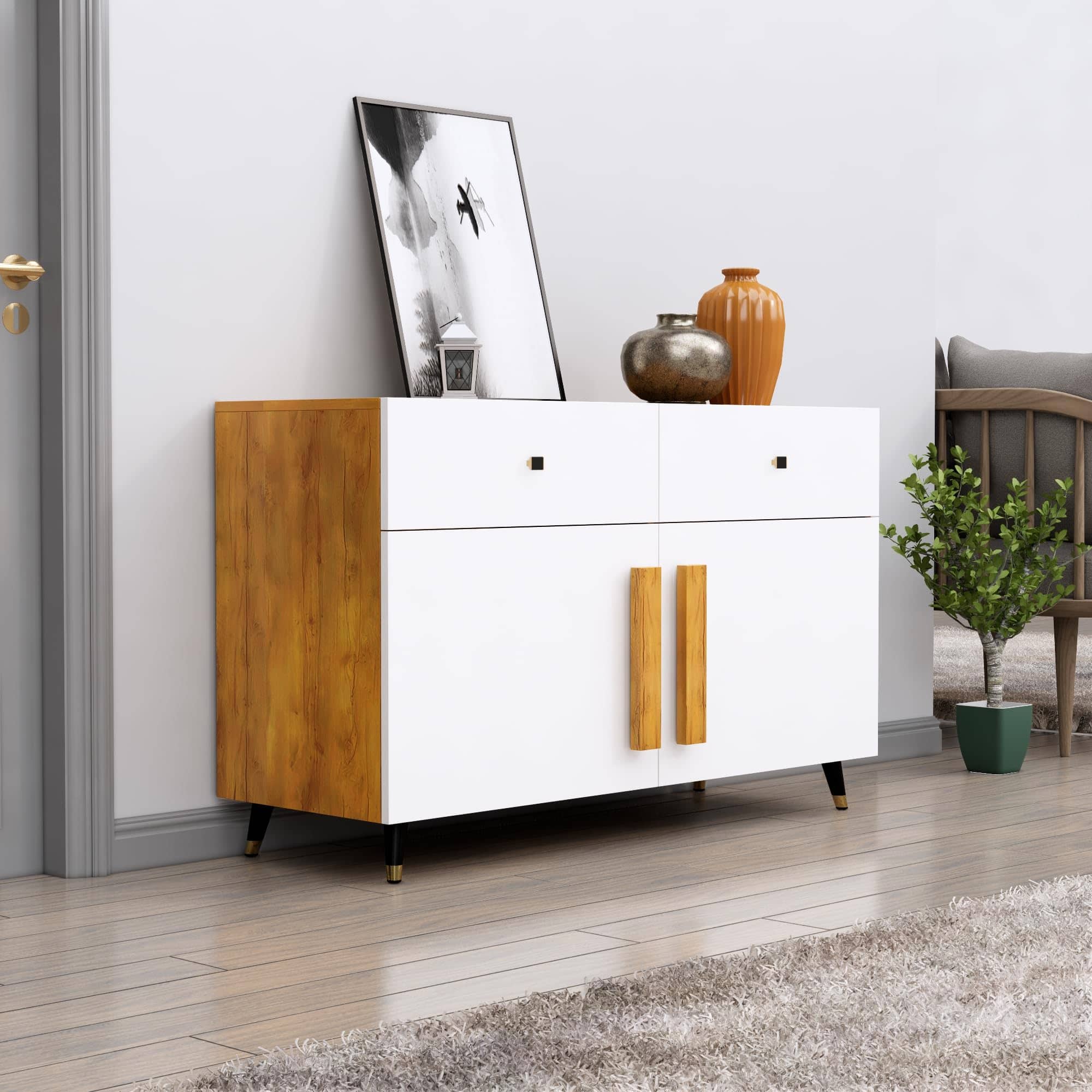 Hexa Red Multipurpose Storage Cabinet With 2 Drawer 2 Door in Giant Wood And Frosty White Colour - HexaRed
