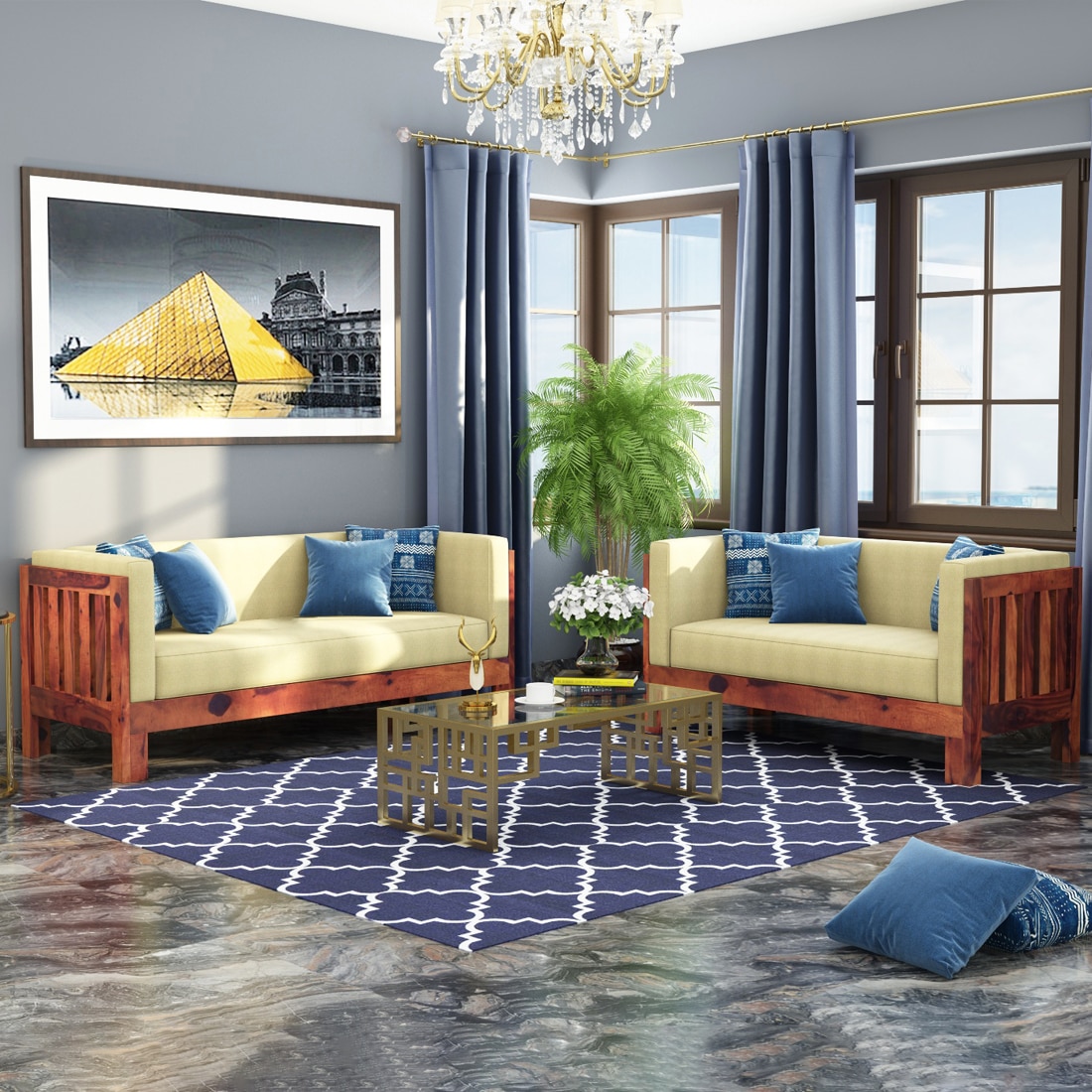 Prashiv 3+2 Seater Wooden Sofa (Creame Colour, Teak Finish)