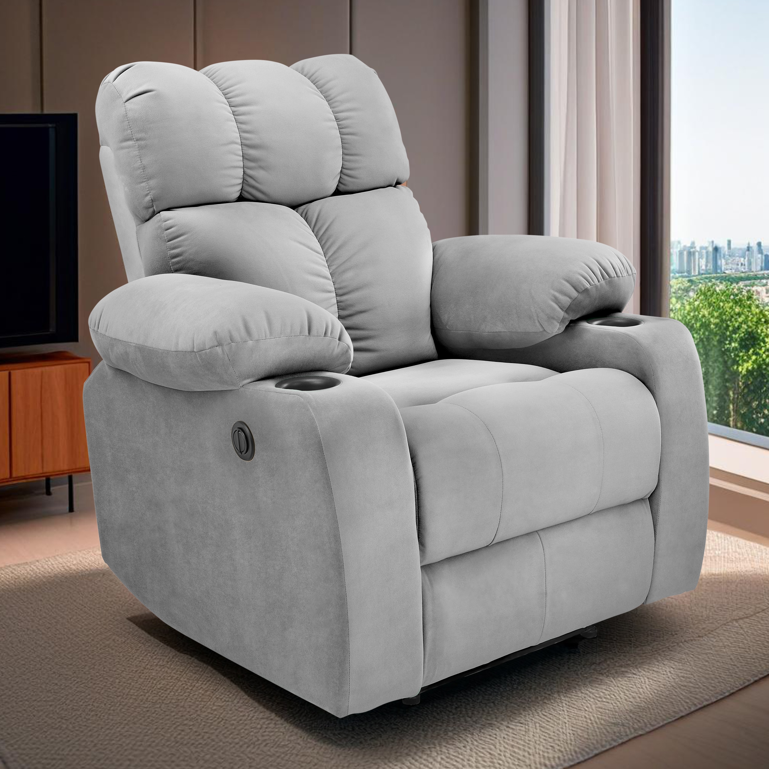 Helios One Seater Motorised Recliner with Cup Holder in Grey Colour