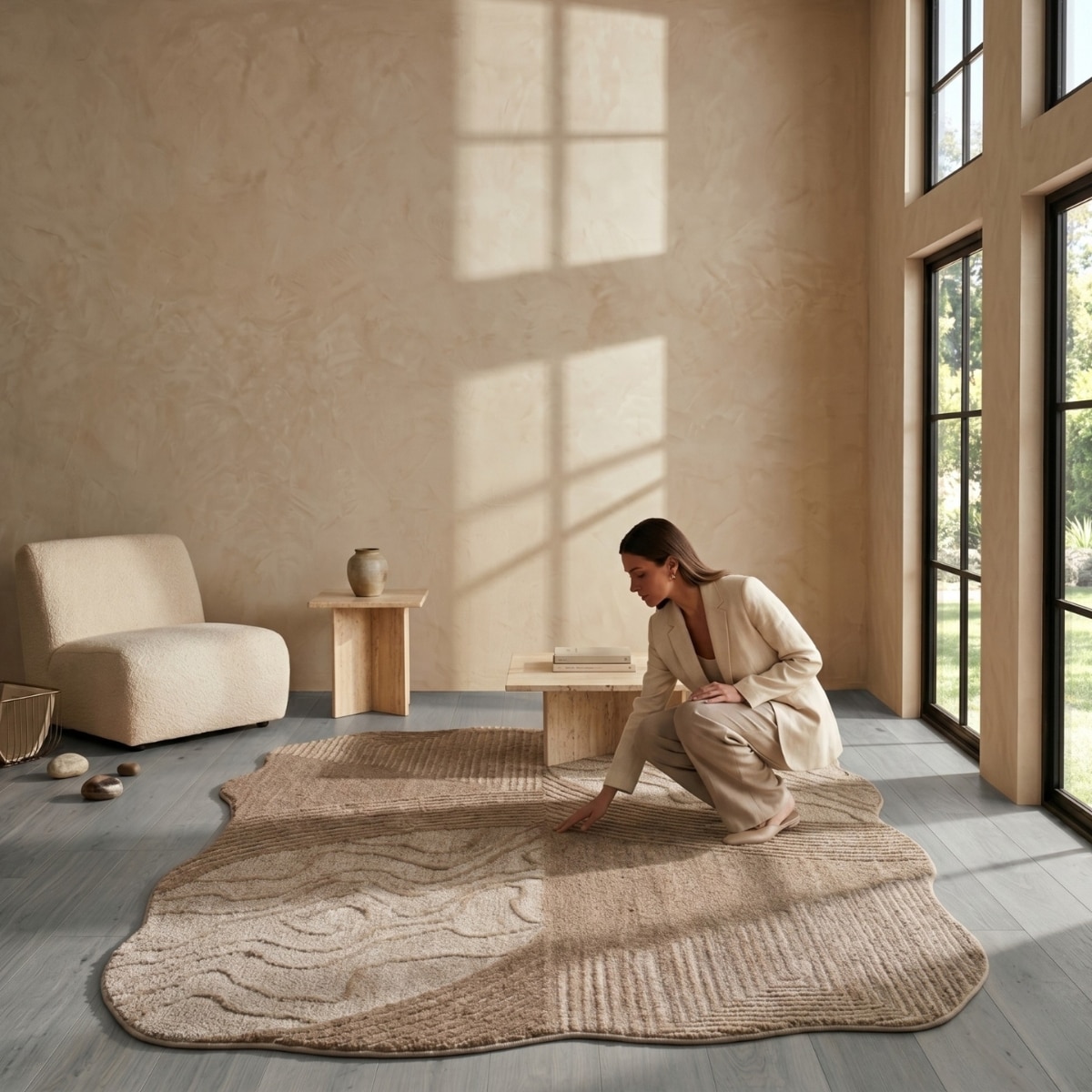Handmade Wool Shaped Rug Modern Geometric Beige 3 x 5 Feet Carpet - NEU LOOMS