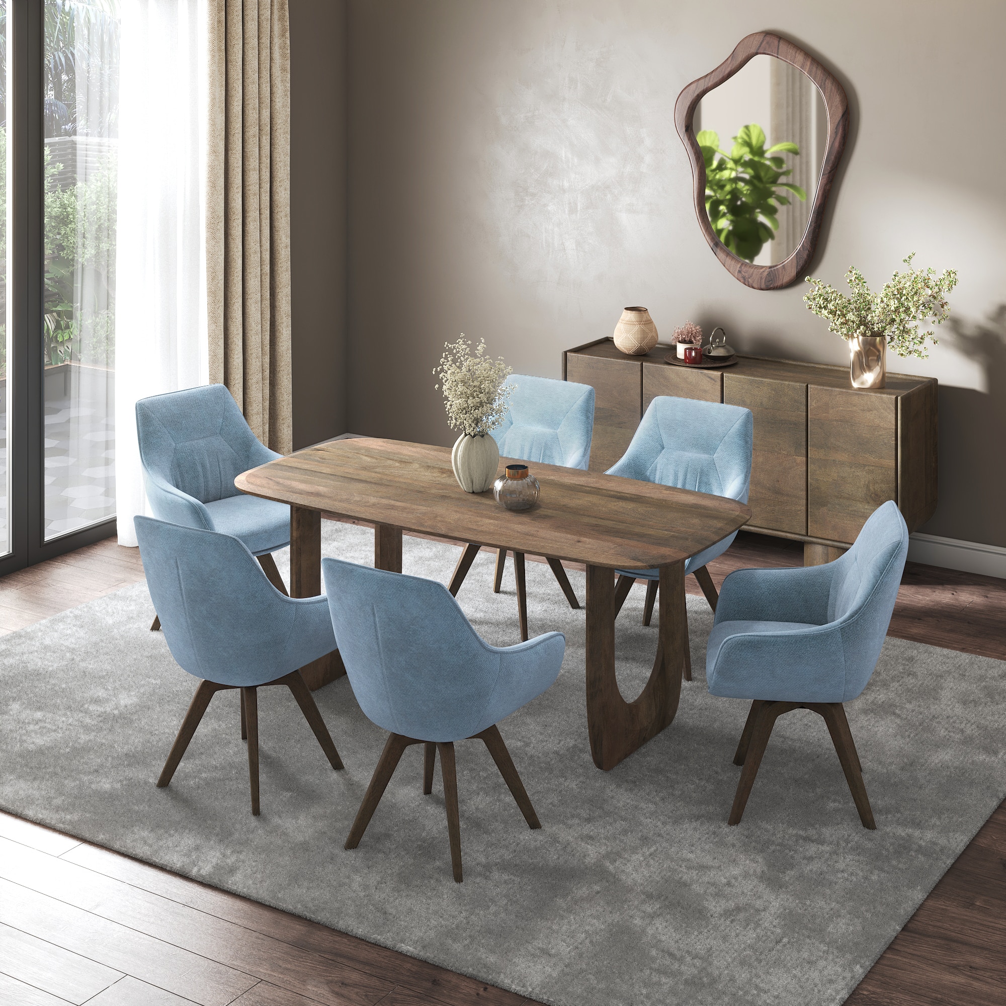 Aero Solid Wood 6 Seater Dining Table With 6  Wella Dining Chairs (Finish : Danish Walnut, Chair Colour : Blue) - Urban Ladder