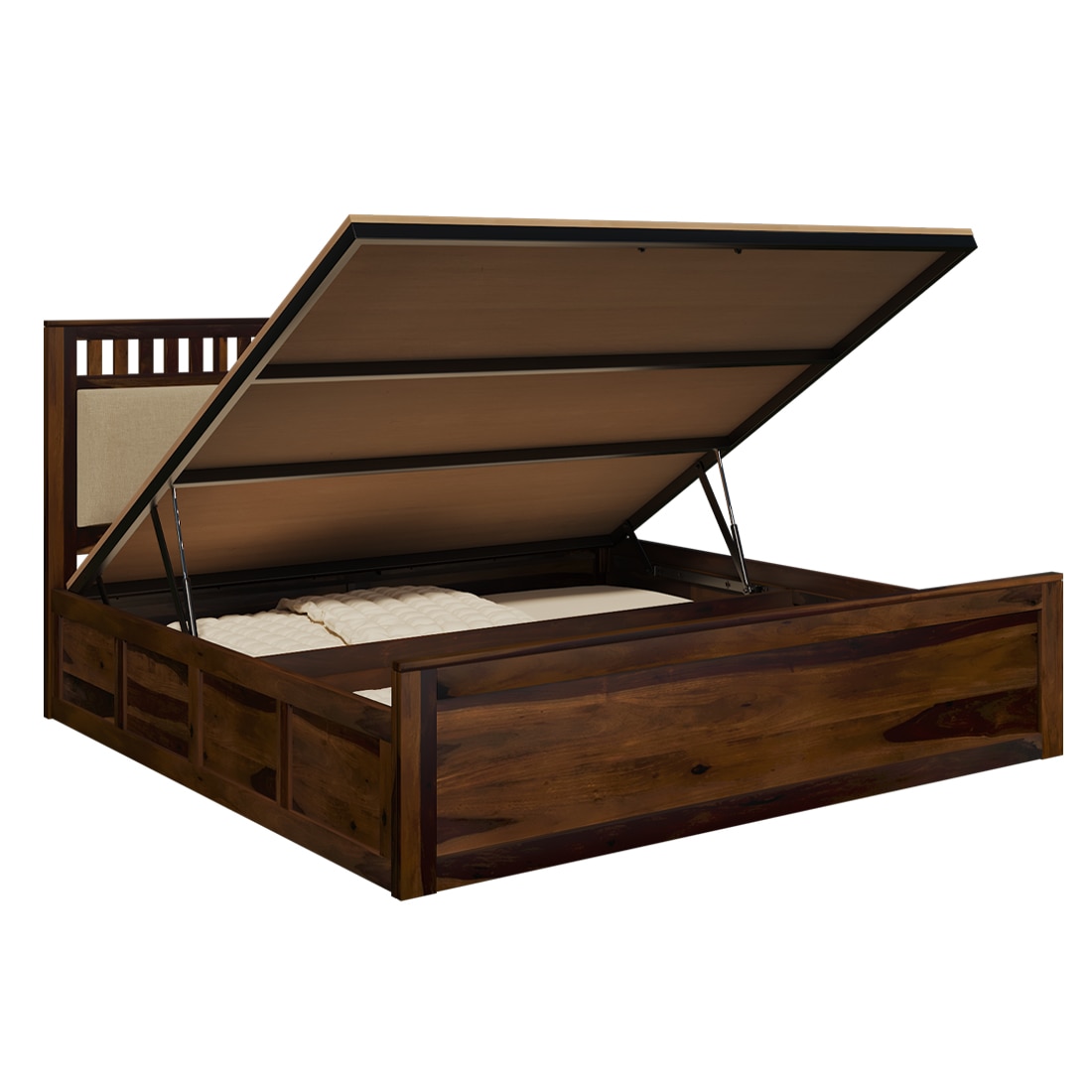 Vrinda Solid Wood King Size Bed In Hydraulic Storage Bed In Provincial Teak Finish