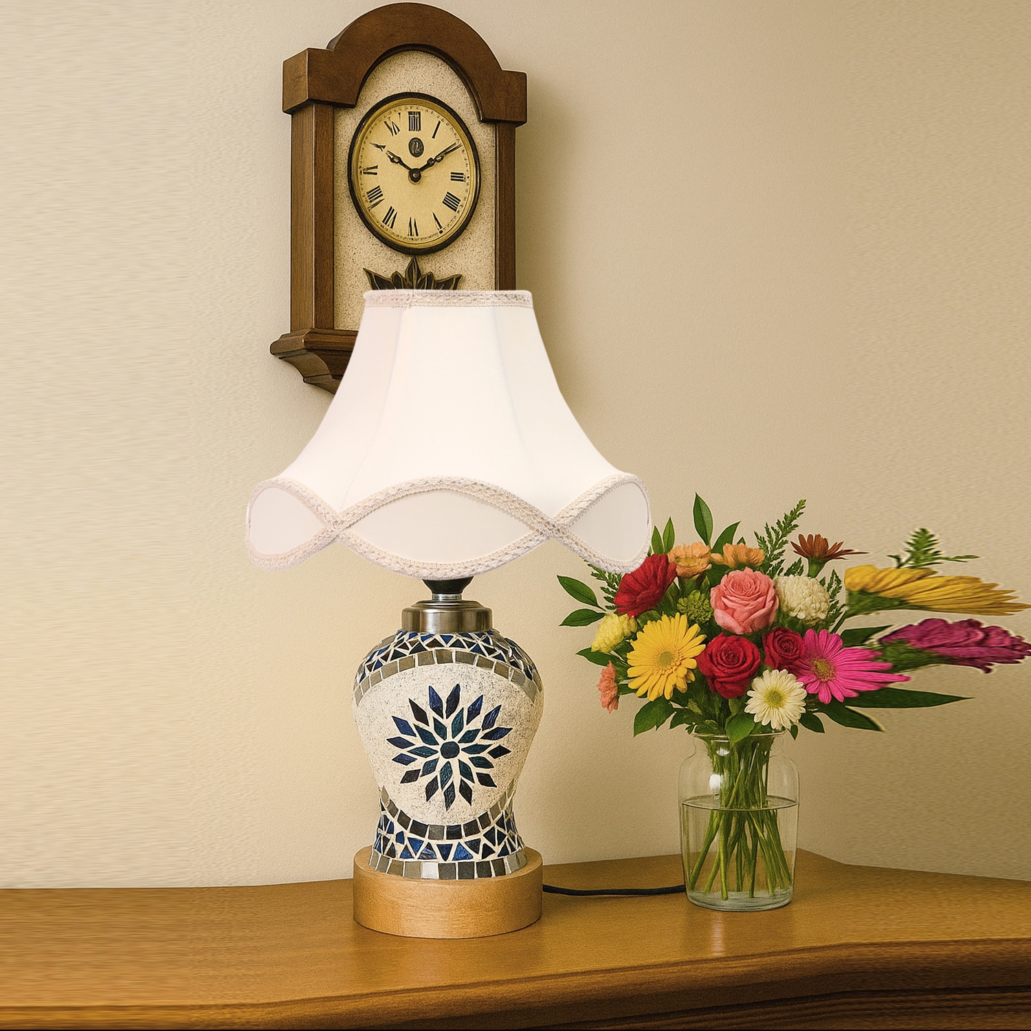 Devansh Off-White Vintage  Cotton Shade Lamp With Wood & Mosaic Glass Base For Decoration/Office/Home/Gifting/Study For Decoration/Office/Home/Gifting/Study