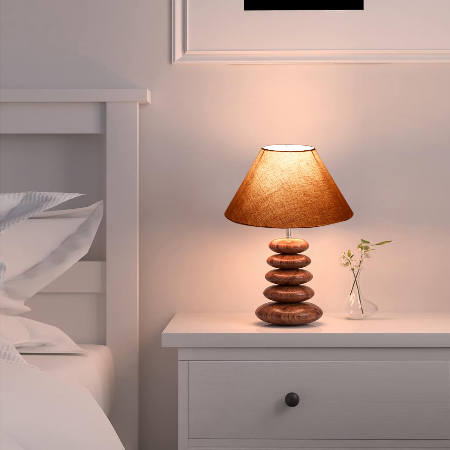 Devansh Grey  Cotton Table Lamp With Wood  Pebble Lamp  (10X10X15) Inches