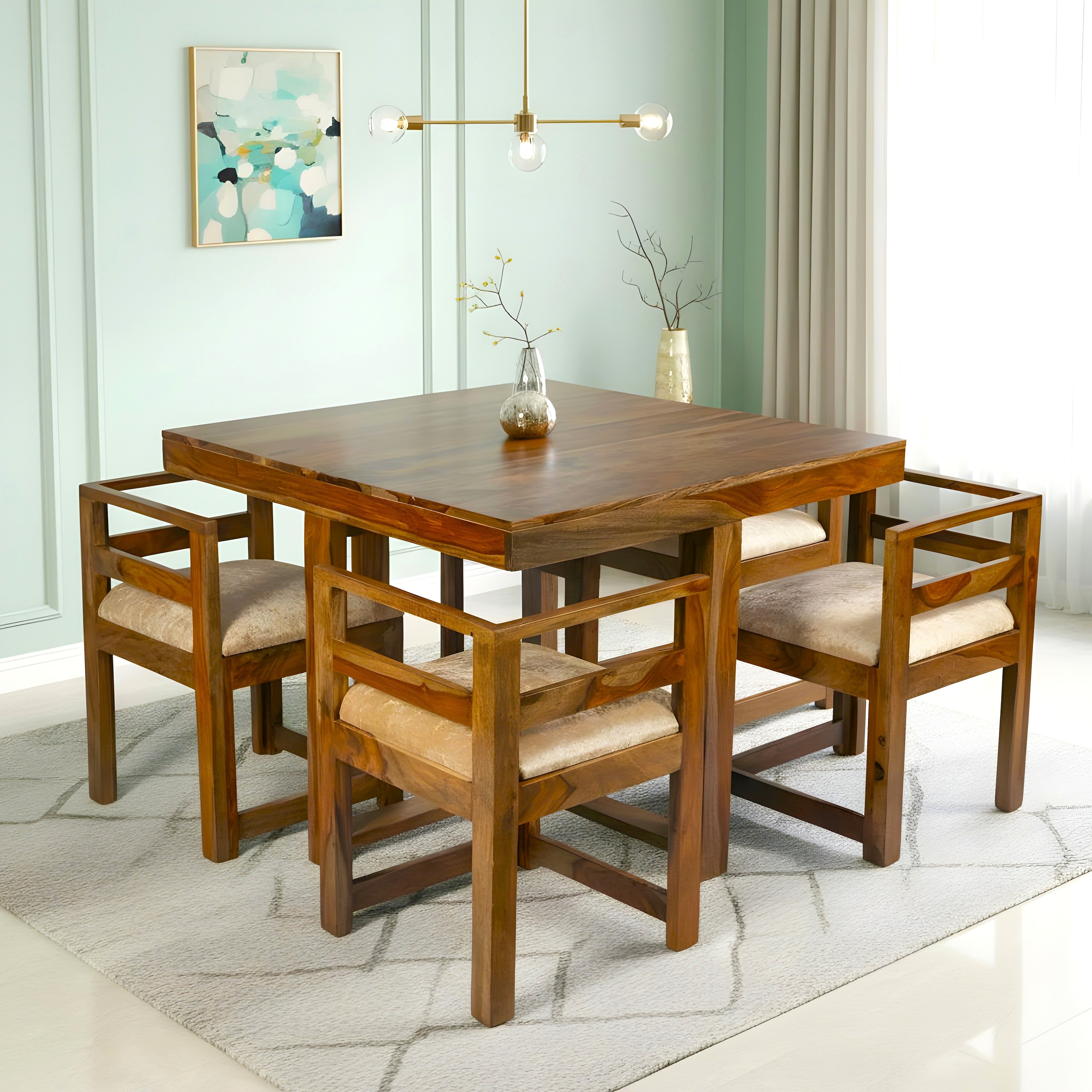 Kingston Sheesham Wood Dining Table Set in Teak Finish