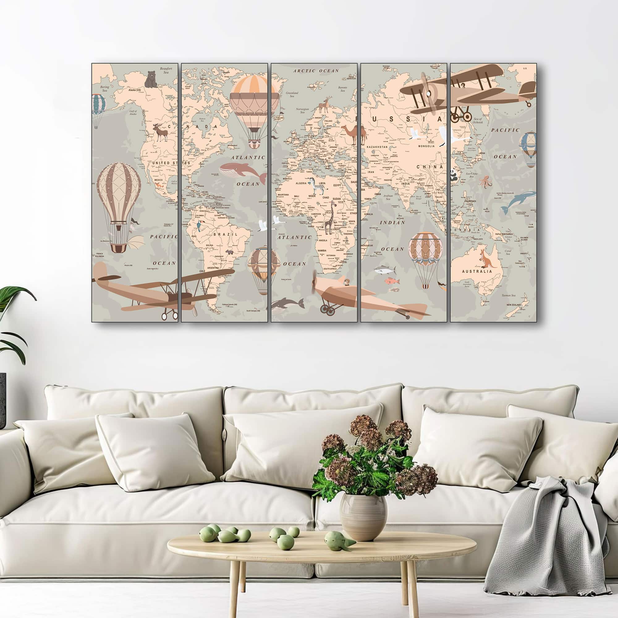 The Castle Decor World Map Wall Art Set of 5 27x48 Inch (Style 2) - The Castle Decor