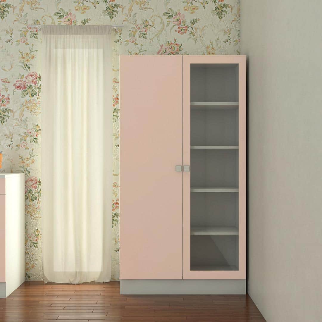 Celestia Double Door Bookshelf cum Crockery Cabinet with Toughened Glass in Sandy Beige Colour