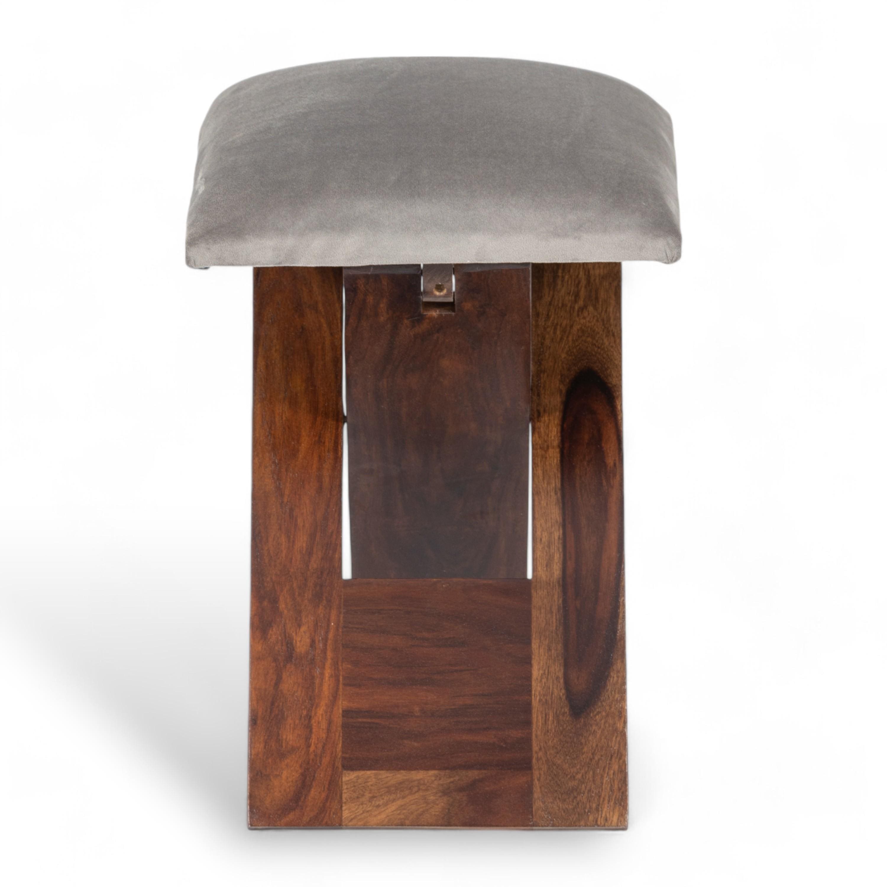 Dayton Sheesham Wood Accent Square Set of 2   Stools in Grey Cotton Velvet Upholstery
