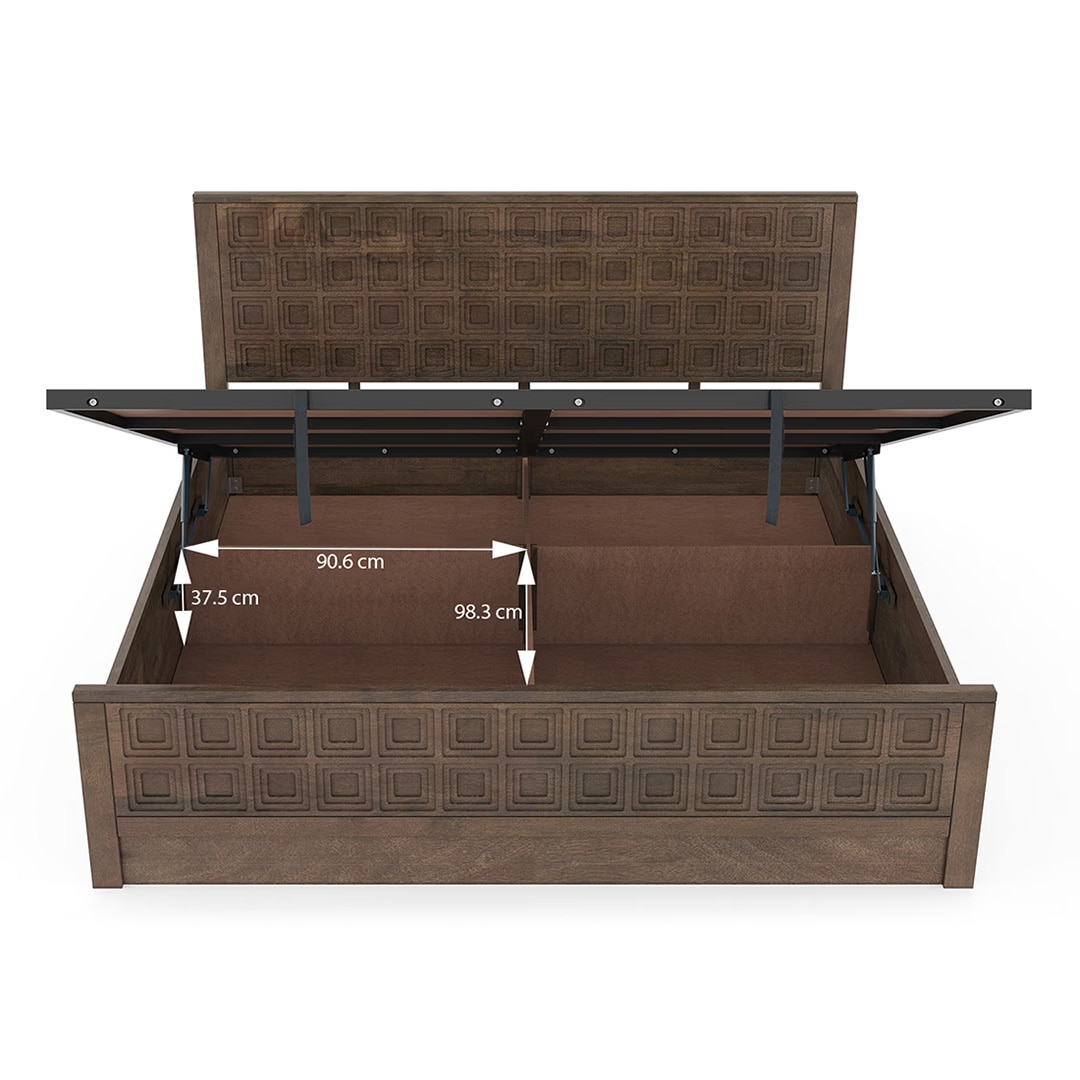 Baori Solid Wood King Size Hydraulic Storage Bed In Danish Walnut Finish