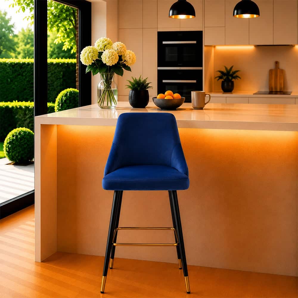 Doe Buck Upholstered Counter Height Bar Stool in Blue Colour with Gold Accents - Doe Buck