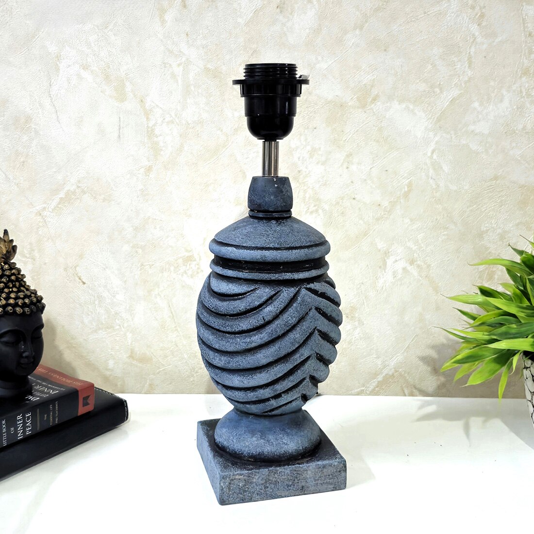 Grey Color Handpainted And Hancarved Distress Wooden Table Lamp