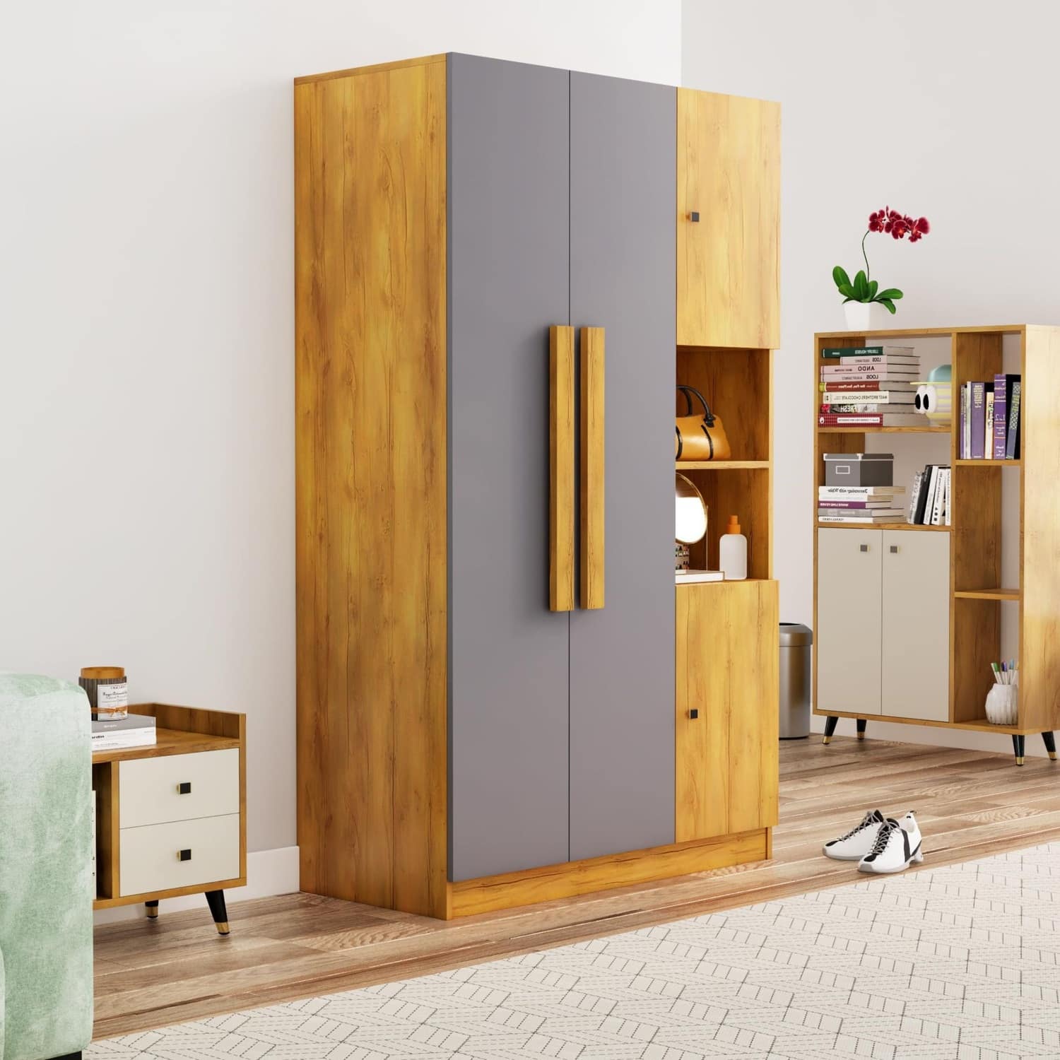 Hexa Red Wooden 4 Door Wardrobe with Hanging Space in Giant Wood and Slate Grey Colour - HexaRed