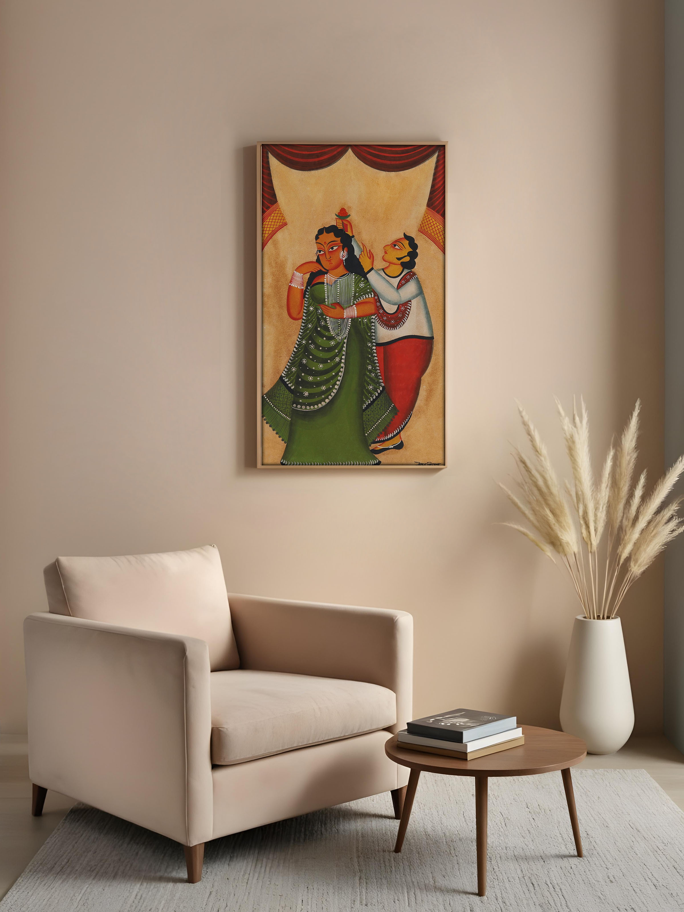 Hand-painted Man Flower Kalighat artwork with classic folk art detailing