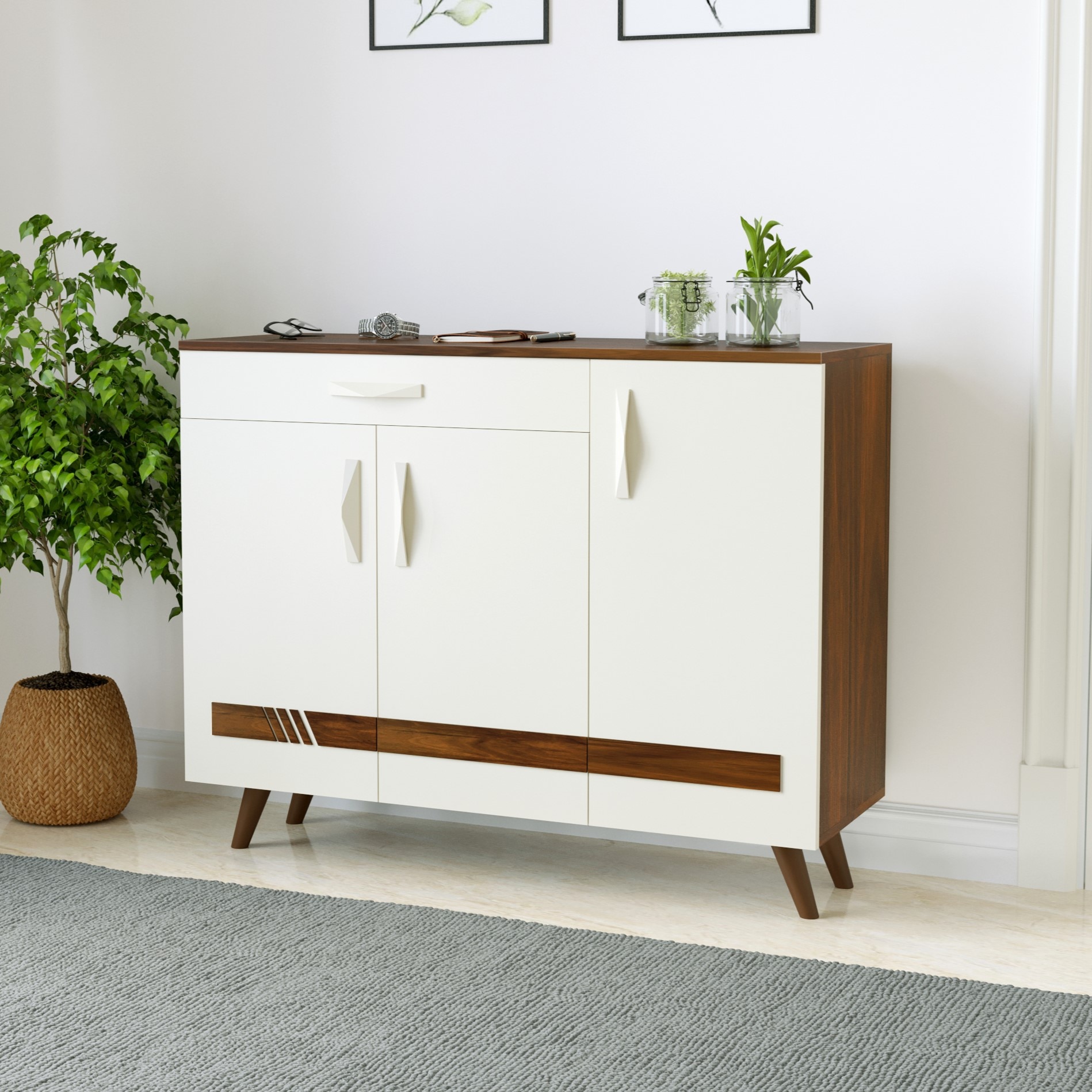 Kaspen Engineered Wood Wood Dual Tone 3 Doors Shoe Rack Cabinet Slipper Footwear Stand Organizer with Drawer can Store Up to 16 Pairs for Home (Brown Maple & Frosty)