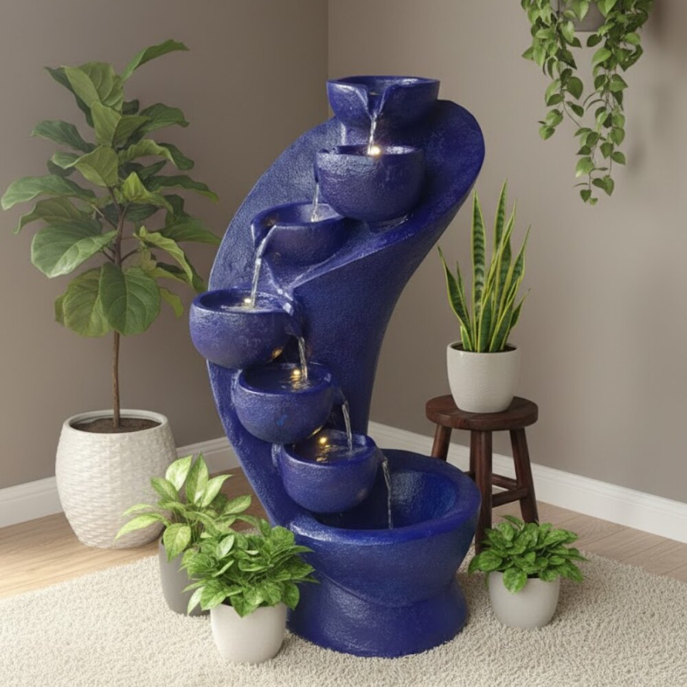 Blue Fiber Glass 7 Stacked Chalice Water Fountain - Expleasia