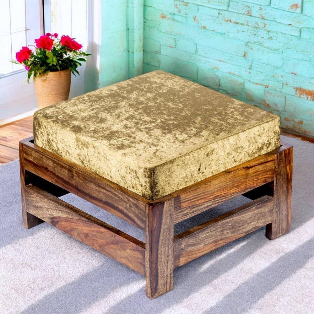 Amber Sheesham Wood Foot Stool in Teak Finish with Velvet Green Cushion