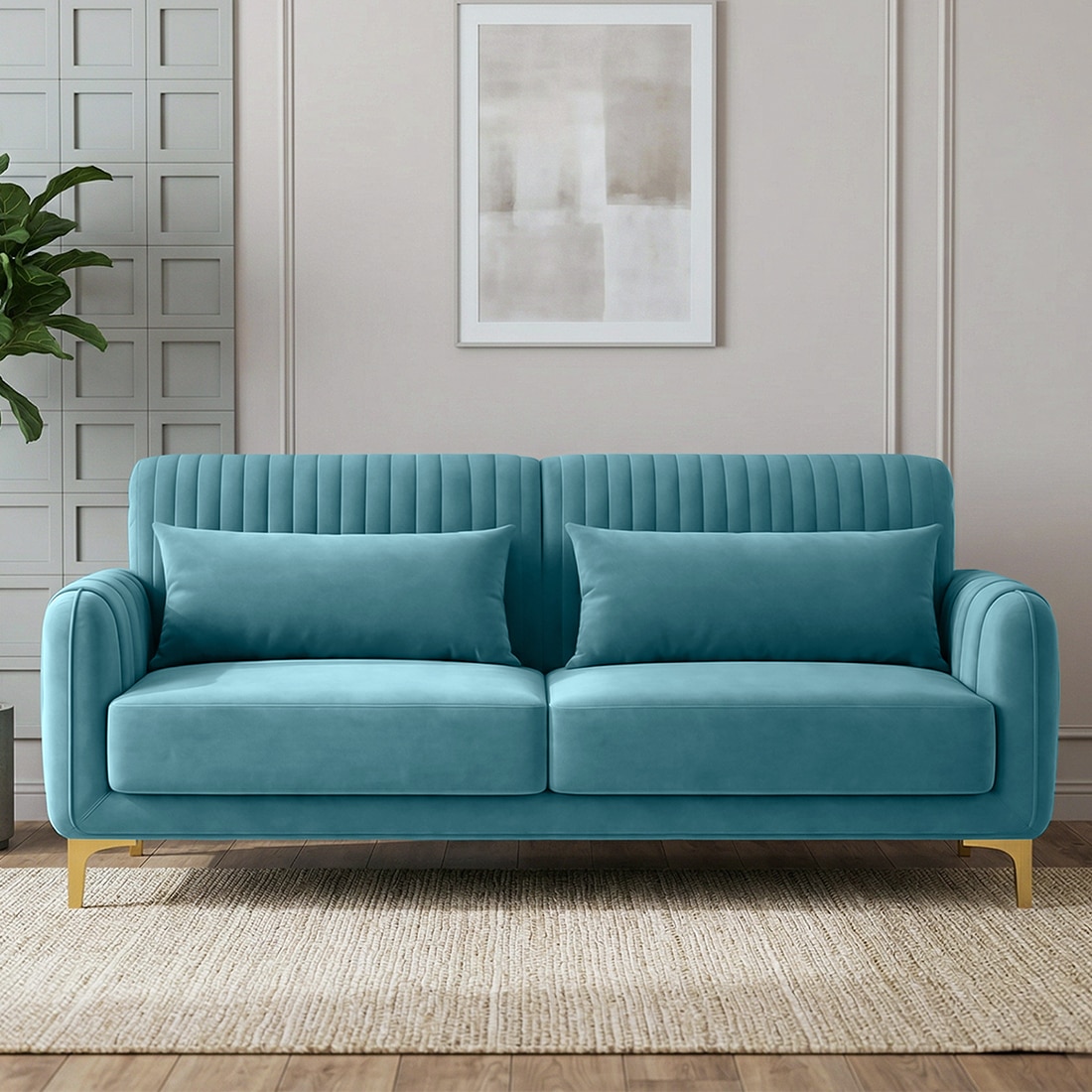 Monly Velvet 3 Seater Sofa Aqua Blue Color - Home Lifestylez