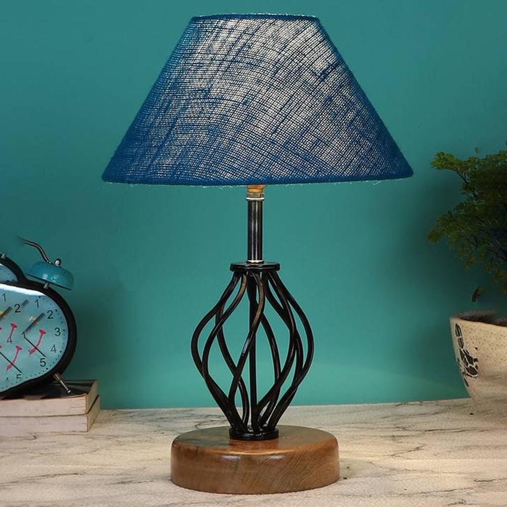 Malia Turquoise Jute Table lamp with Wood & Iron Base - Devansh