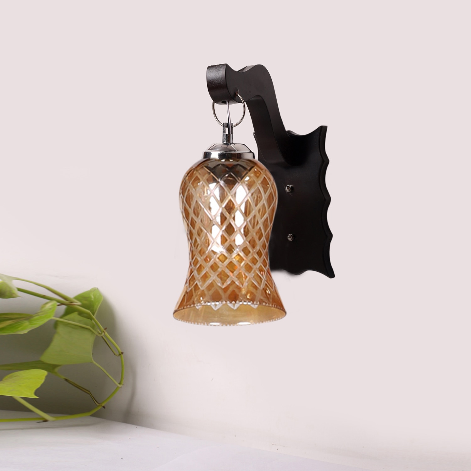 Devansh Solid Wood Electric Wall Light in Brown Colour with Lavender Shade Count of 1 Light - Devansh