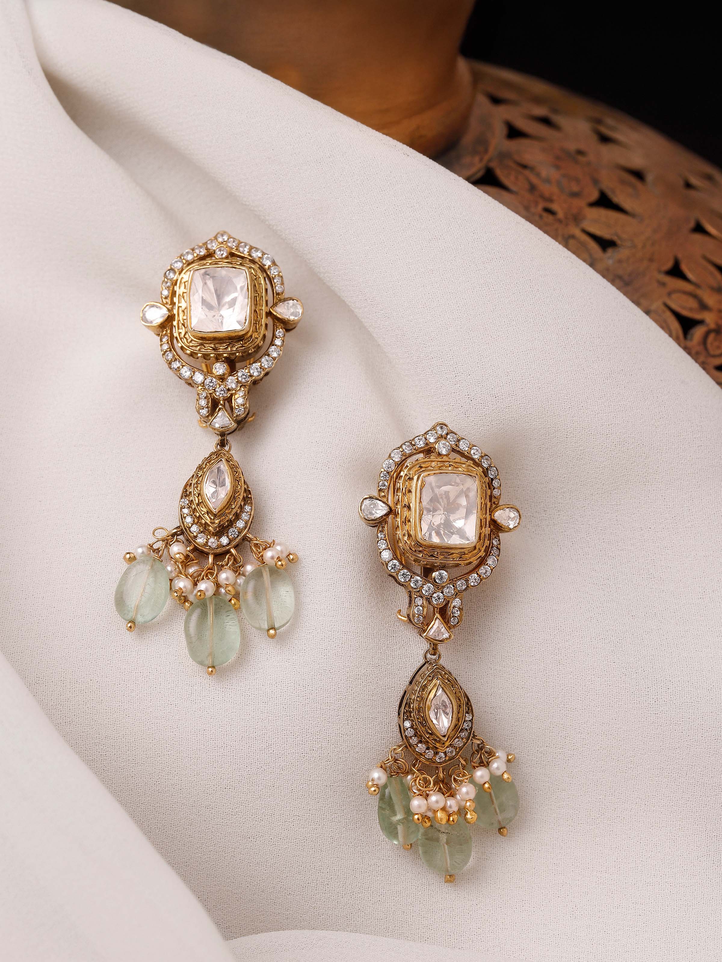 Dank Polki silver drop earrings worn on ears – Swadesh