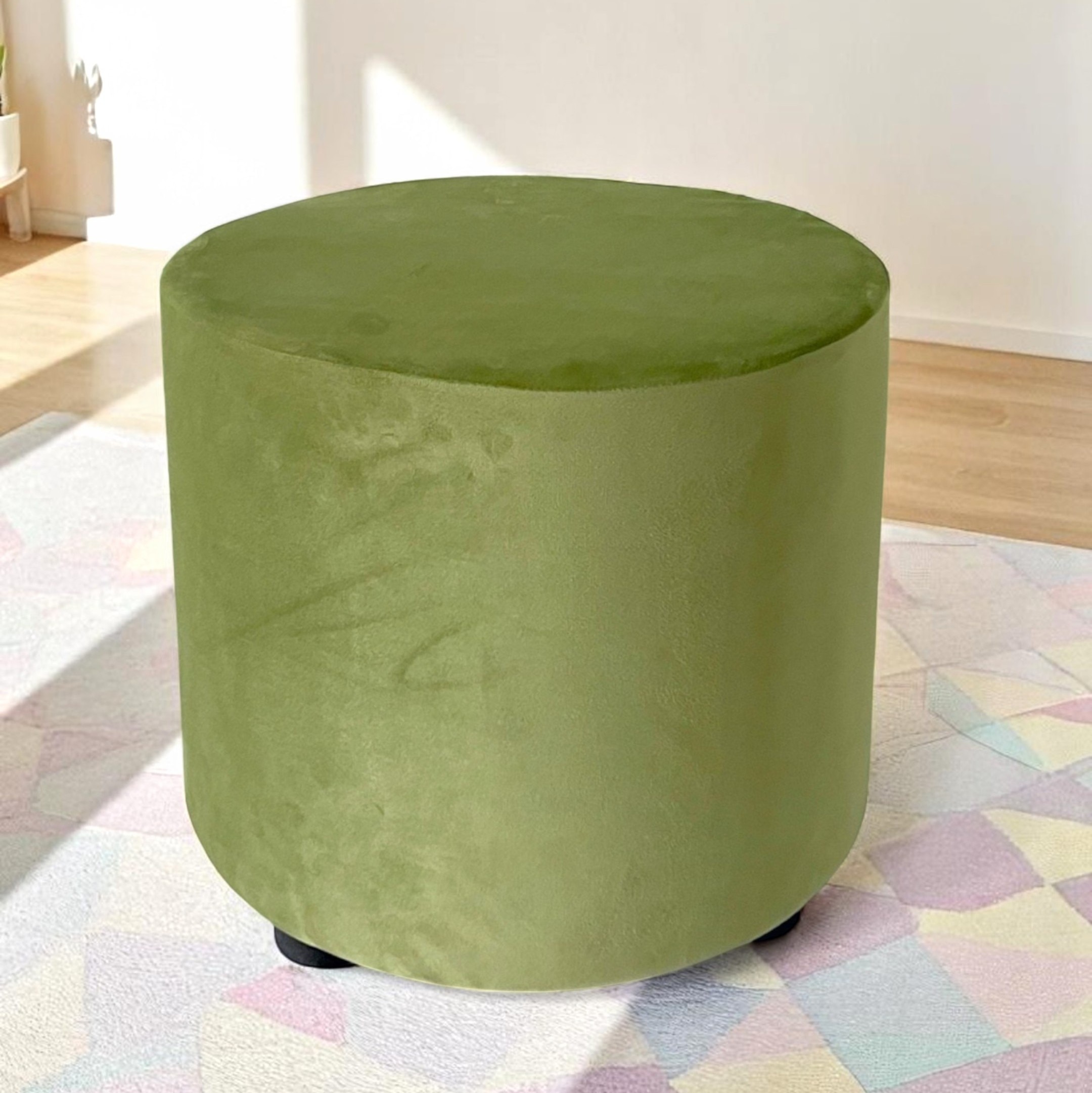 Lisbon Pine Wood Contemporary Ottoman Pouffee in Pear Green Velvet