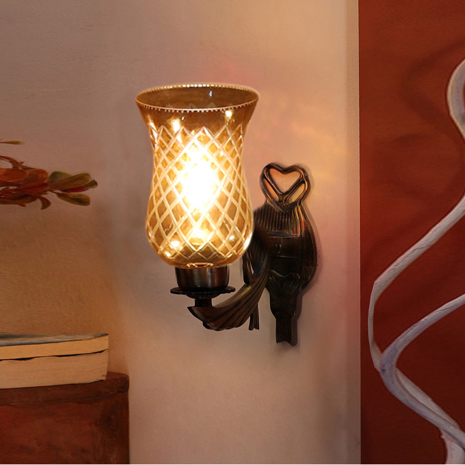 Devansh Metal Electric Wall Light in Antique gold Colour with Lavender Shade Count of 1 Light - Devansh