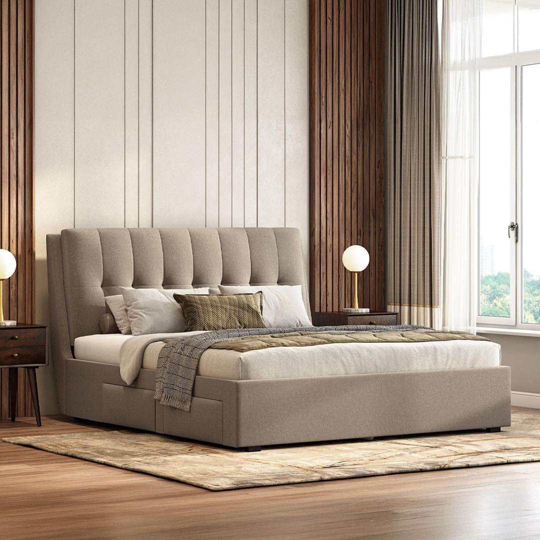 Bornholm Engineered Wood Queen Size Drawer Storage Upholstered Bed In Shitake Beige Colour
