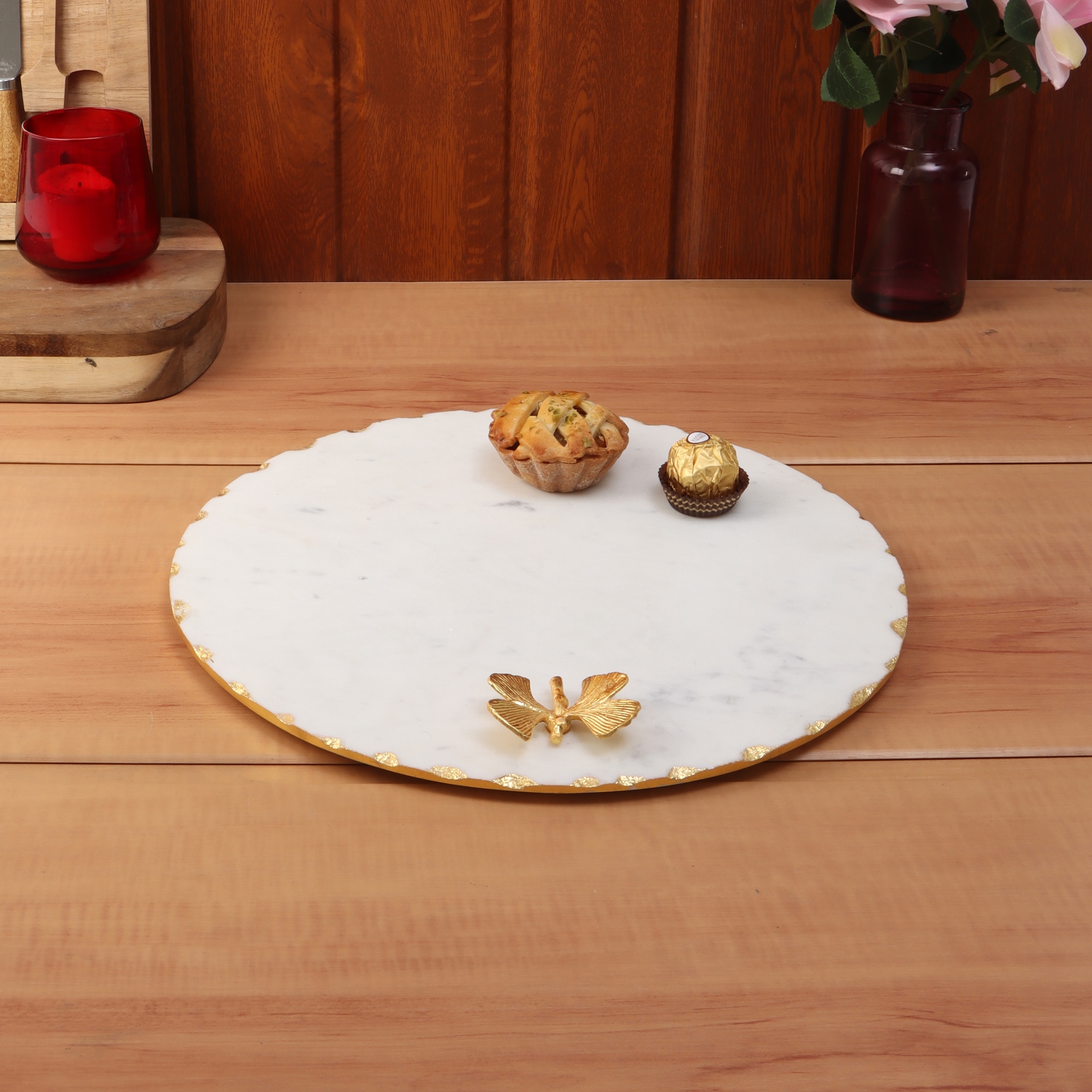 White Marble Round Platter with Gold Foil Work and Brass Butterfly Embedding, Multi-Utility - NikkisPride