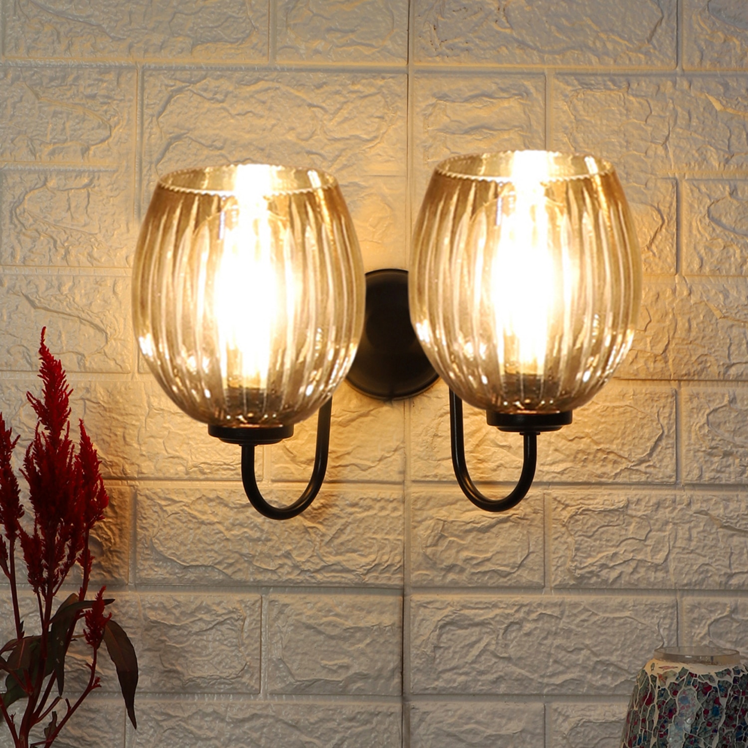 Devansh Metal Electric Wall Light in black Colour with Lavender Shade Count of 2 Lights - Devansh