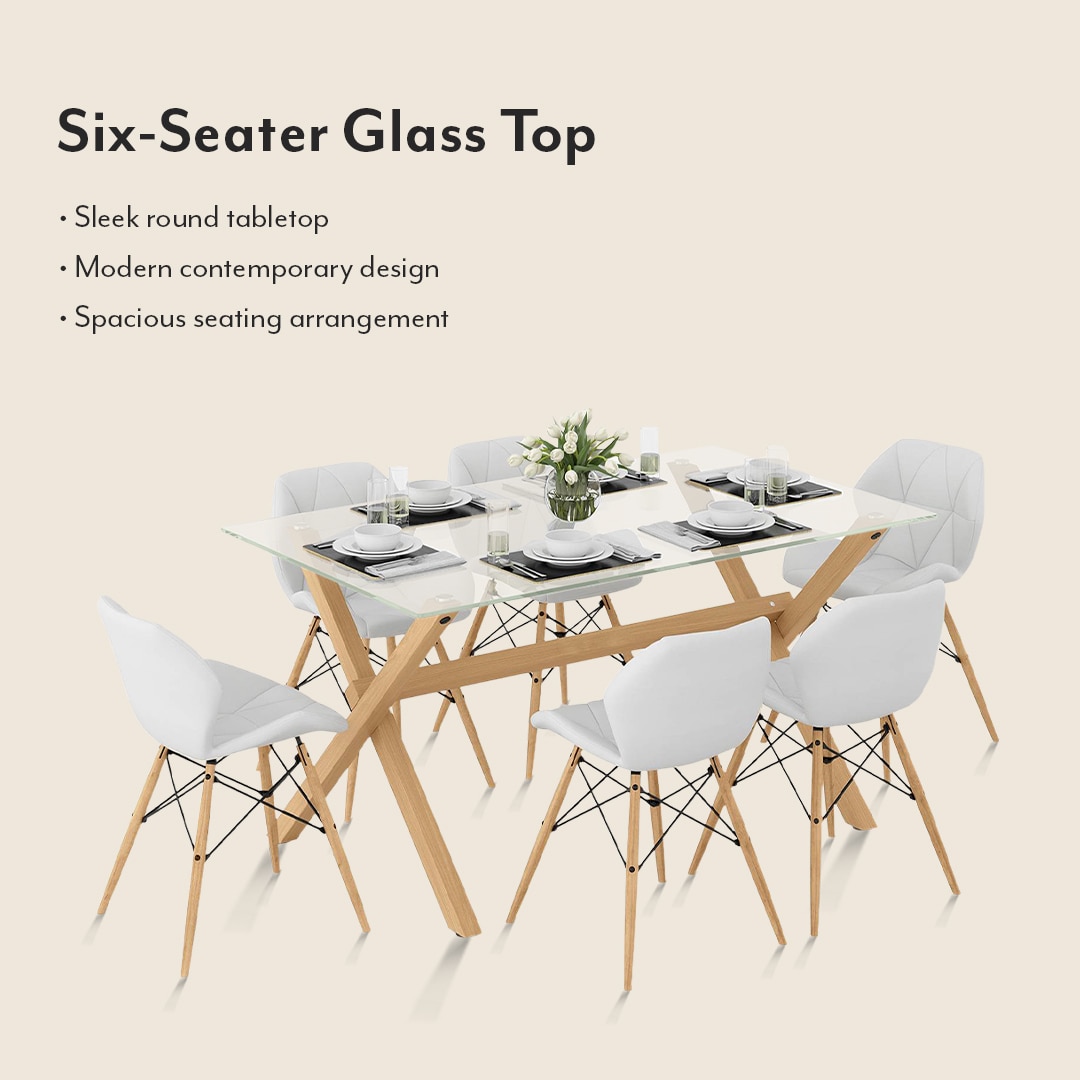 Nobu 6 Seater Glass Top Dining Table With Set Of 6 Ormond Chairs (Colour- White, Finish- Brown)