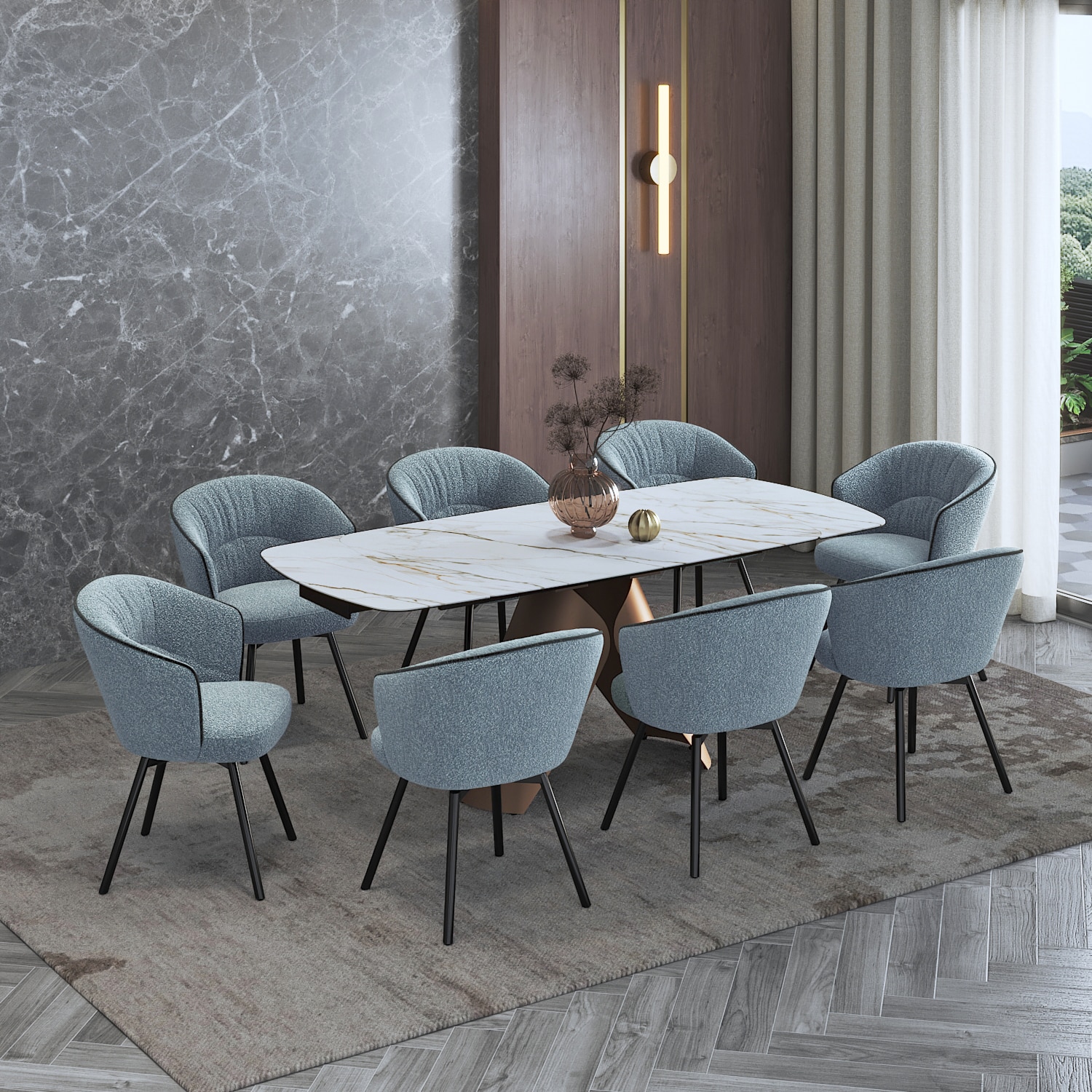 Aeris Ceramic 6 To 8 Seater Extendable Dining Table With Calix Dining Chair